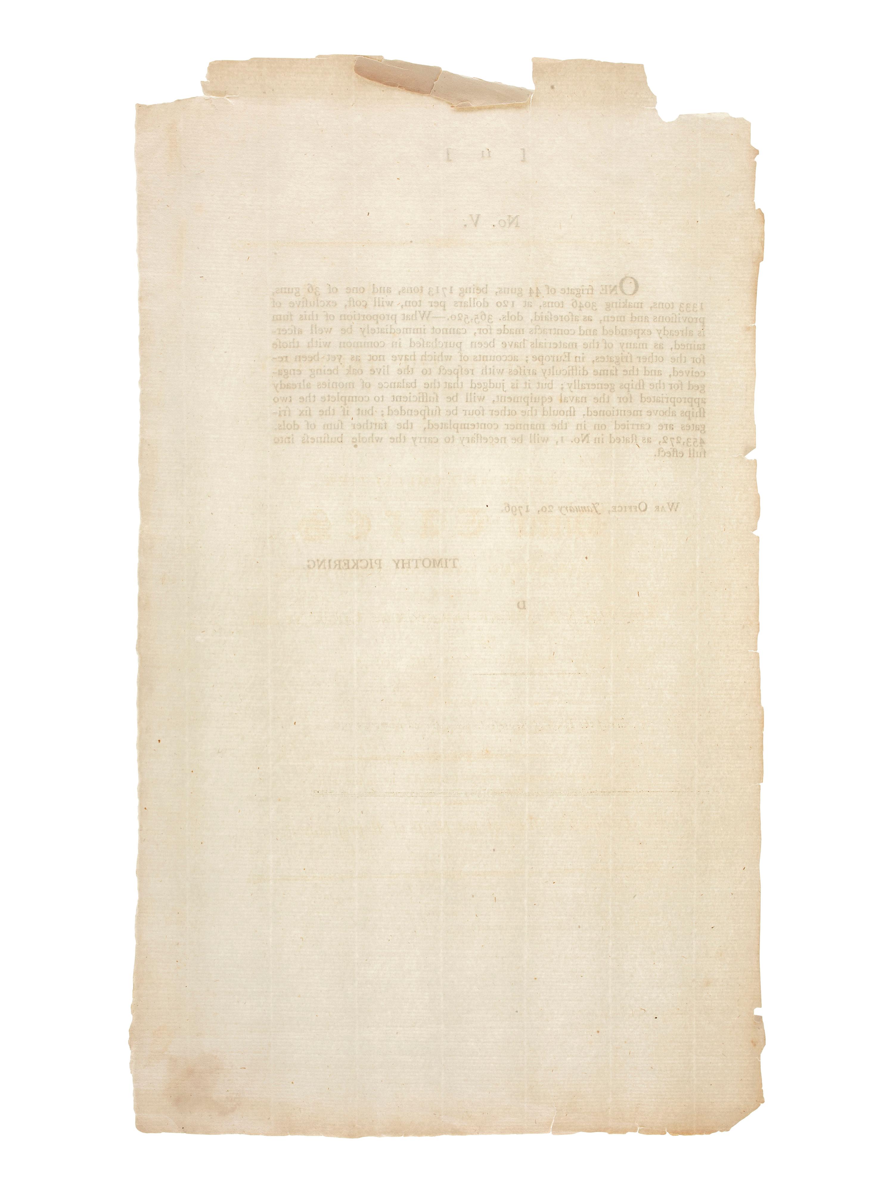 [PICKERING, Timothy (1745-1829)] -- [HIGGINSON, Stephen (1743-1828)]. Document signed in type "Timothy Pickering" reporting to the US Congress on monies appropriated for naval equipment, 20 January 1796.