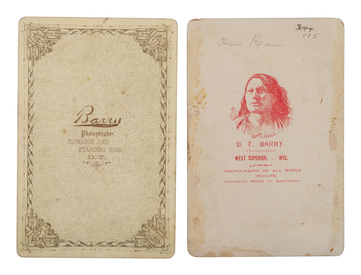 BARRY, David F. (1854-1934), photographer. A group of 5 cabinet cards of Slow White Buffalo, Crow Eagle, Iron Thunder, and Fool Thunder.