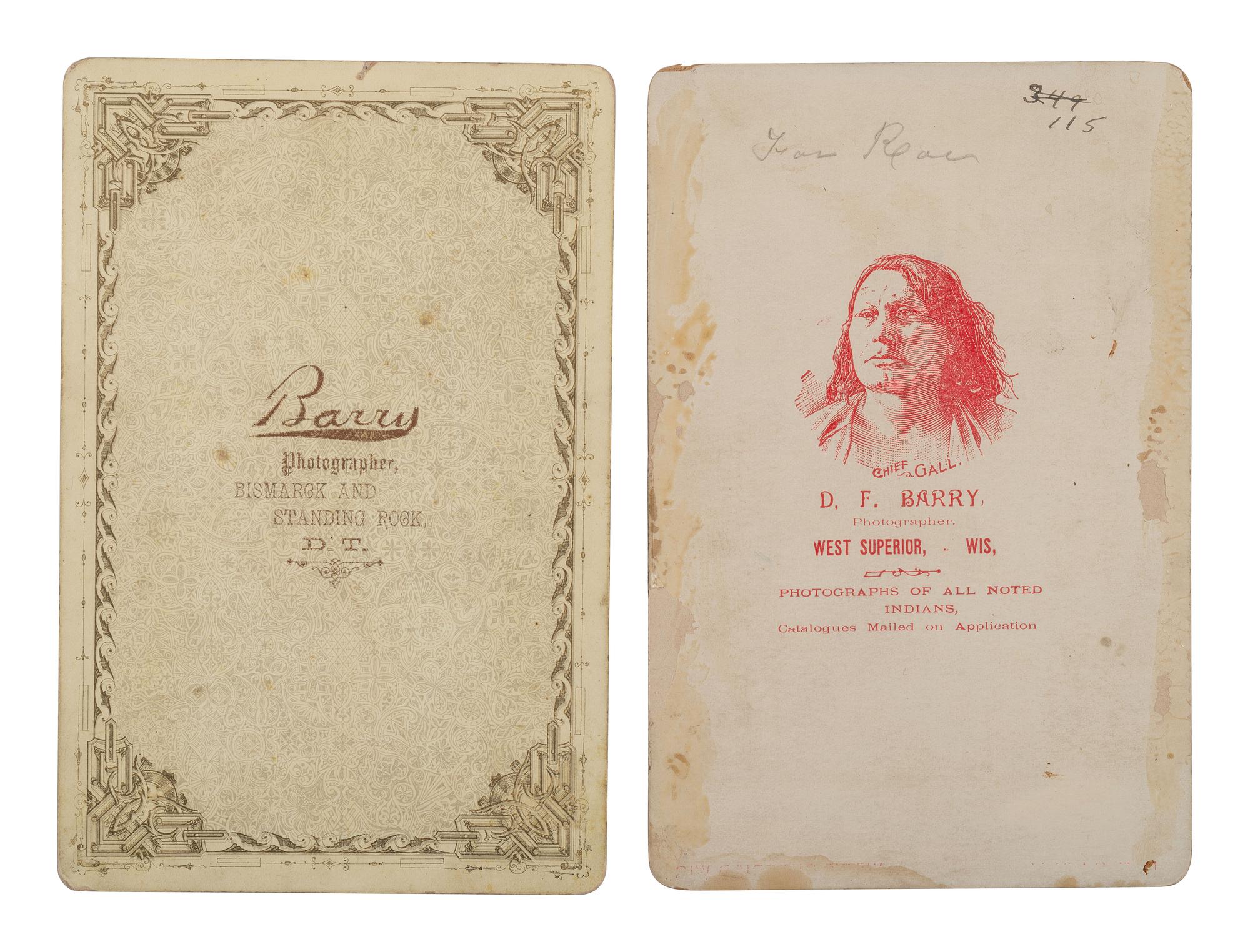 BARRY, David F. (1854-1934), photographer. A group of 5 cabinet cards of Slow White Buffalo, Crow Eagle, Iron Thunder, and Fool Thunder.