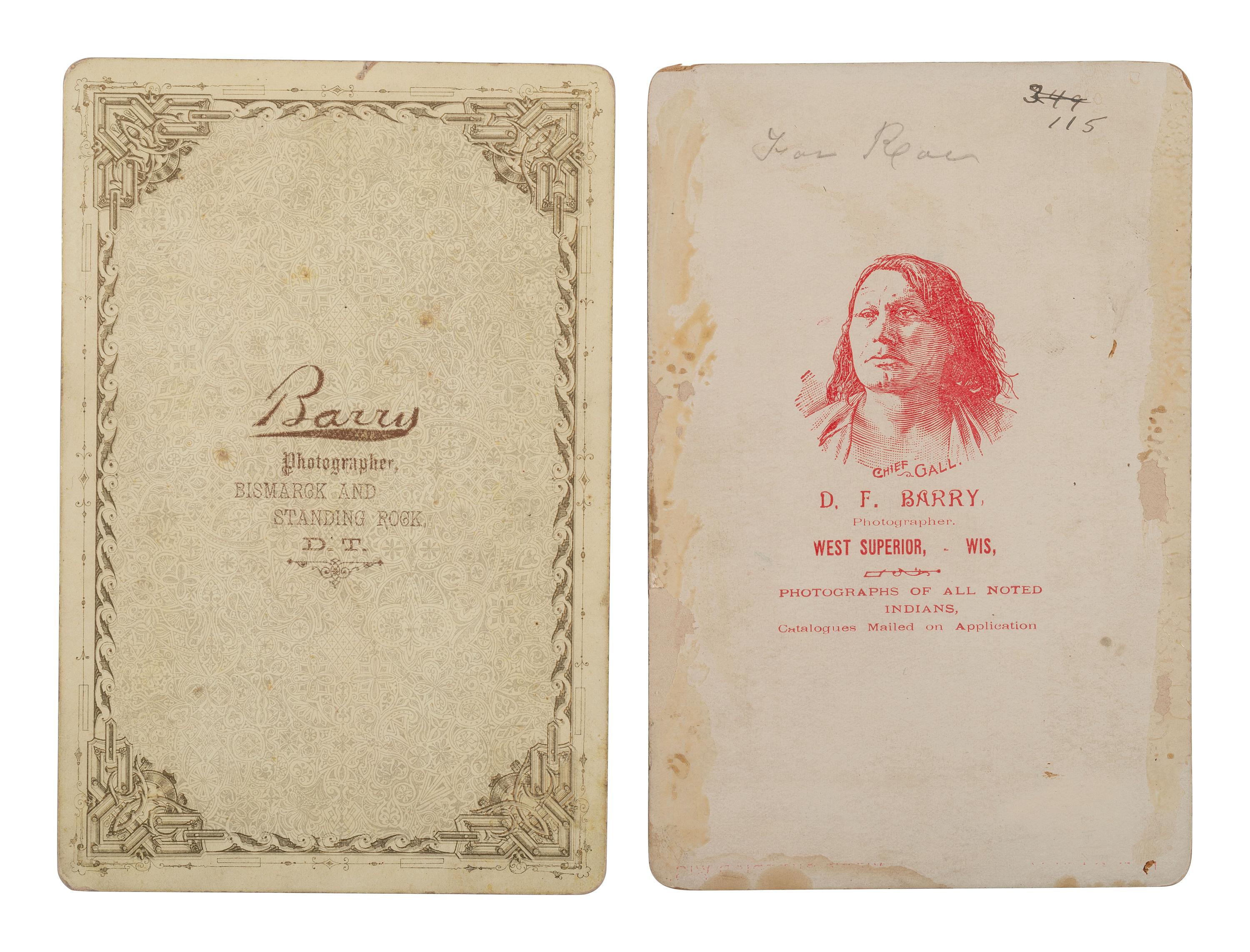 BARRY, David F. (1854-1934), photographer. A group of 5 cabinet cards of Slow White Buffalo, Crow Eagle, Iron Thunder, and Fool Thunder.