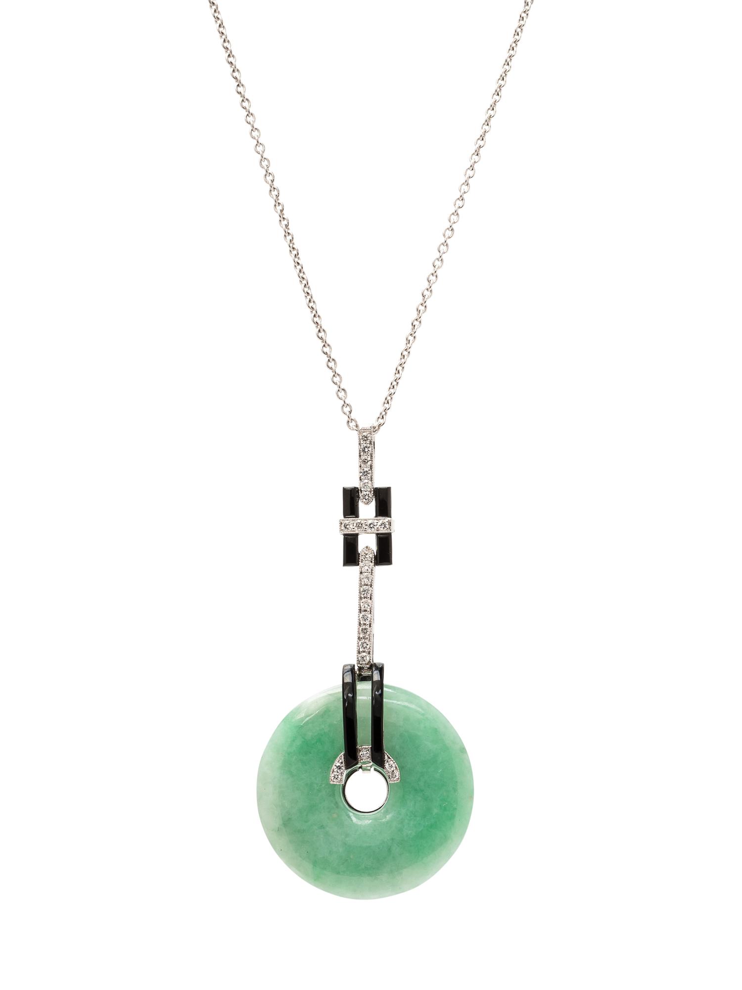 An 18 Karat White Gold, Jade, Diamond and Onyx Pendant/Necklace,
