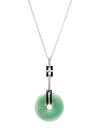 An 18 Karat White Gold, Jade, Diamond and Onyx Pendant/Necklace,