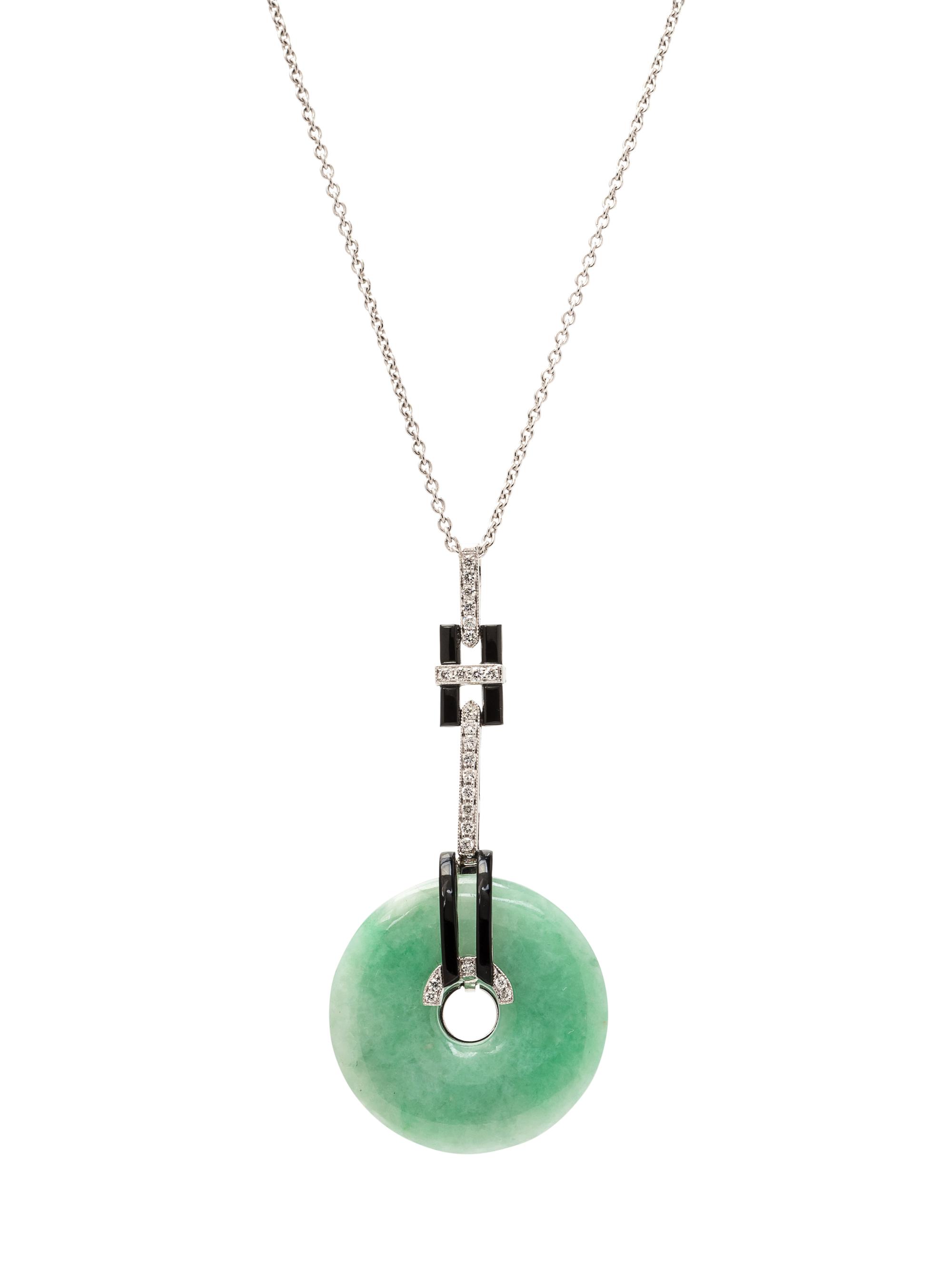 An 18 Karat White Gold, Jade, Diamond and Onyx Pendant/Necklace,