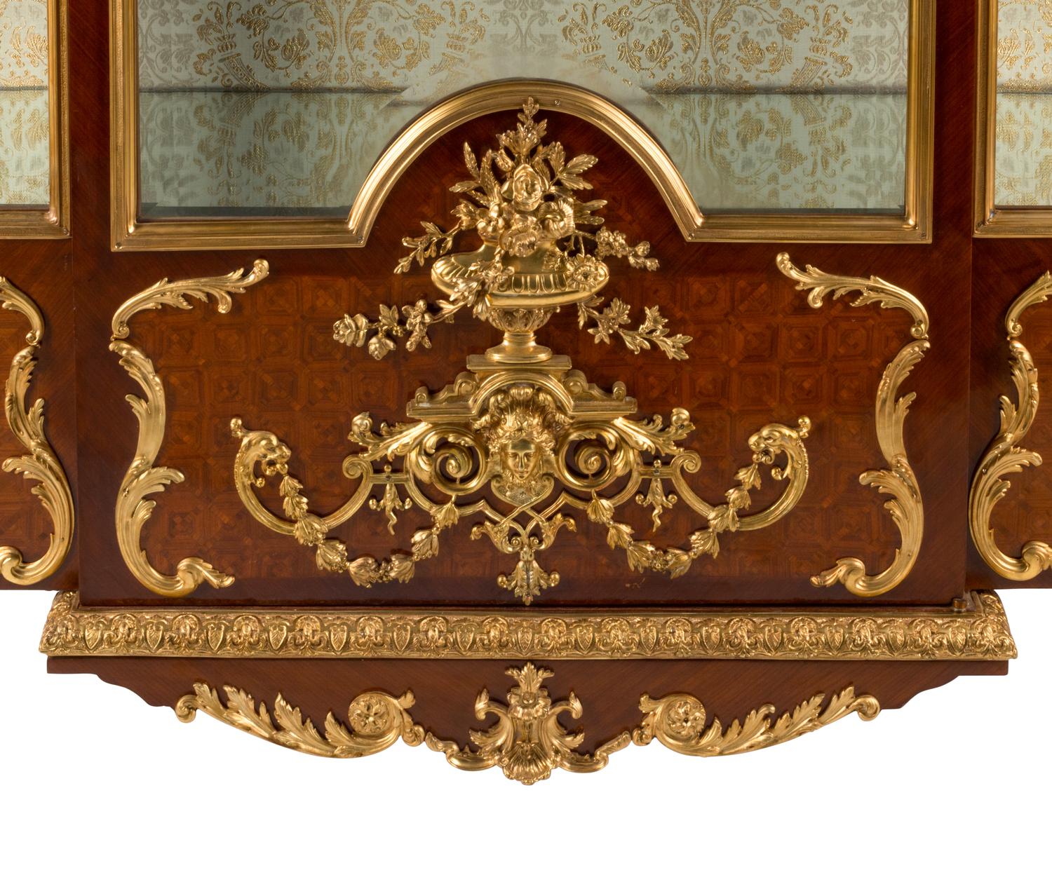 A Louis XV Style Gilt Bronze Mounted Marquetry Marble-Top Vitrine Cabinet
