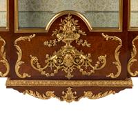 A Louis XV Style Gilt Bronze Mounted Marquetry Marble-Top Vitrine Cabinet