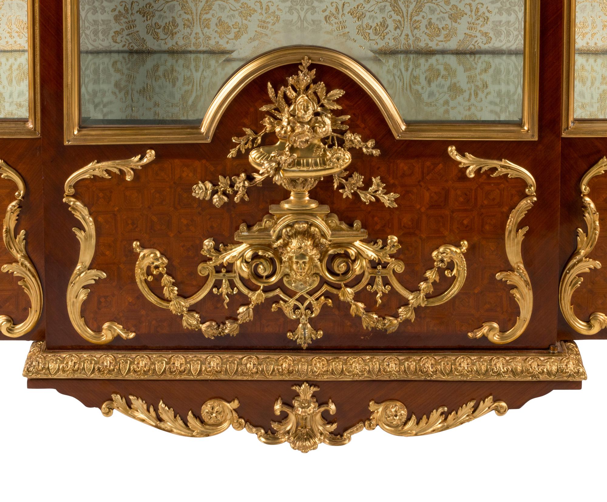 A Louis XV Style Gilt Bronze Mounted Marquetry Marble-Top Vitrine Cabinet