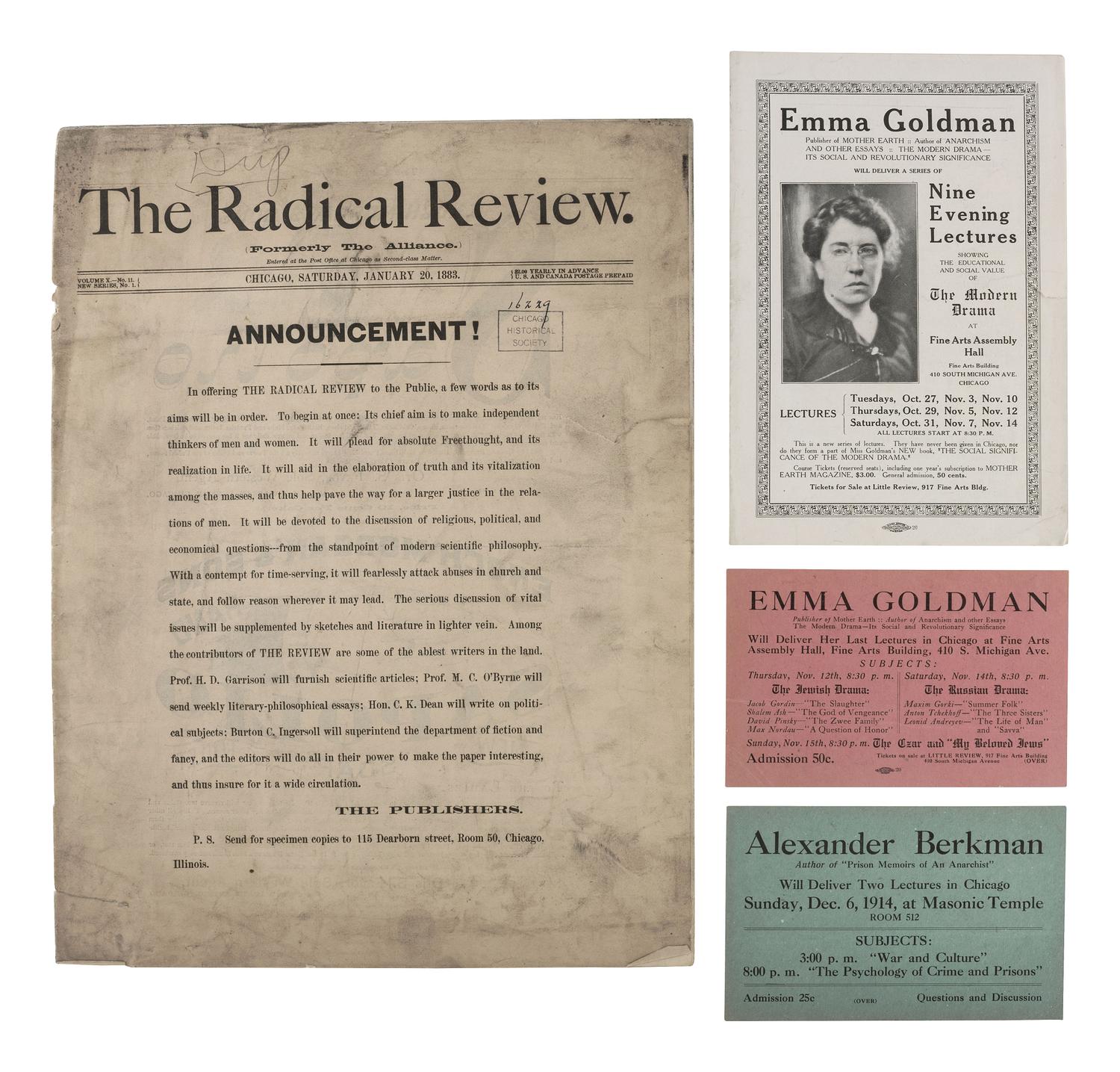 [ANARCHISM]. A pamphlet and two tickets to Emma GOLDMAN's "The Modern Drama" lecture series. Chicago: Allied Printing, [1914]. [ With: ] The Radical Review. 1883.
