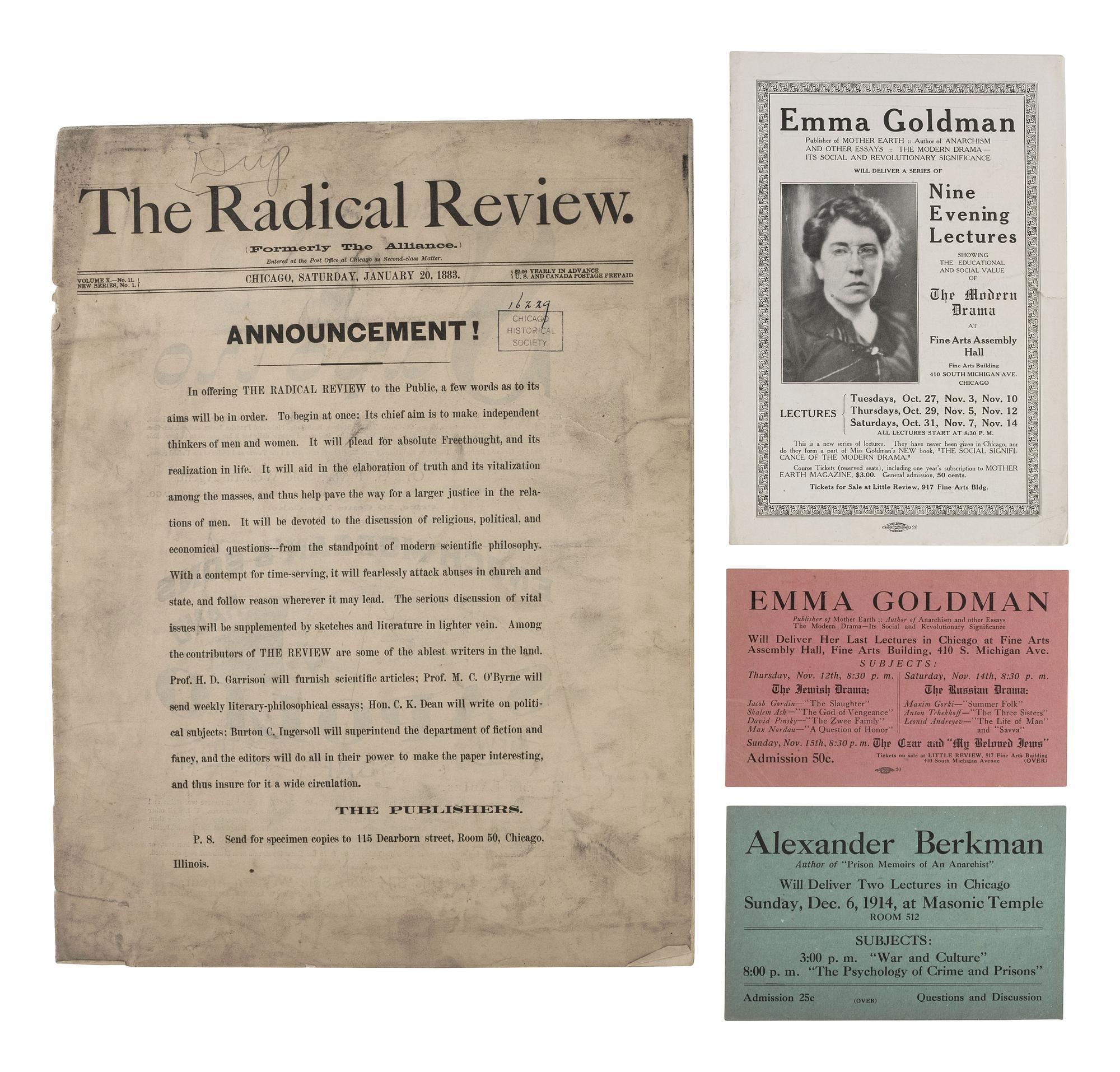 [ANARCHISM]. A pamphlet and two tickets to Emma GOLDMAN's "The Modern Drama" lecture series. Chicago: Allied Printing, [1914]. [ With: ] The Radical Review. 1883.