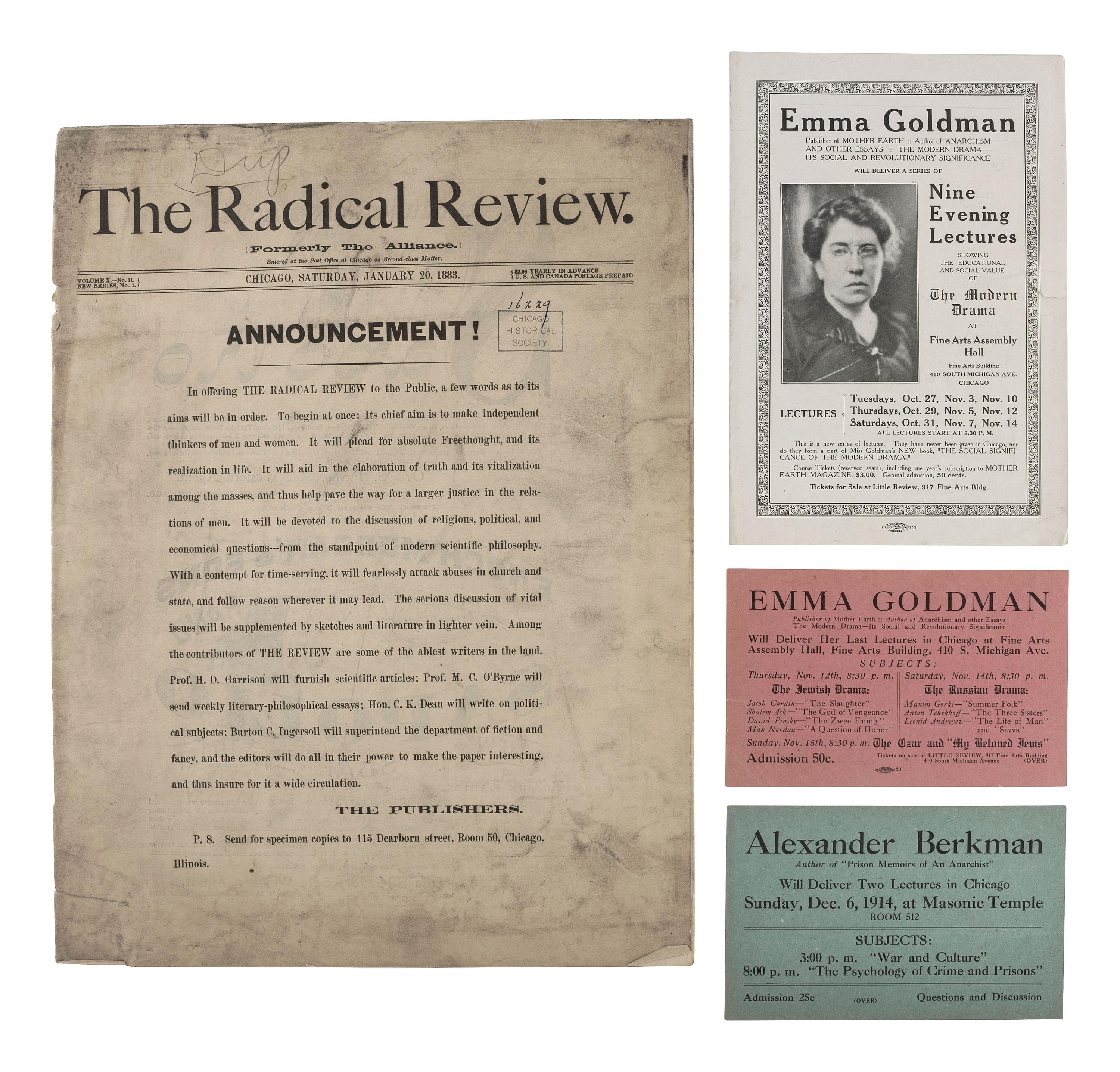 [ANARCHISM]. A pamphlet and two tickets to Emma GOLDMAN's "The Modern Drama" lecture series. Chicago: Allied Printing, [1914]. [ With: ] The Radical Review. 1883.
