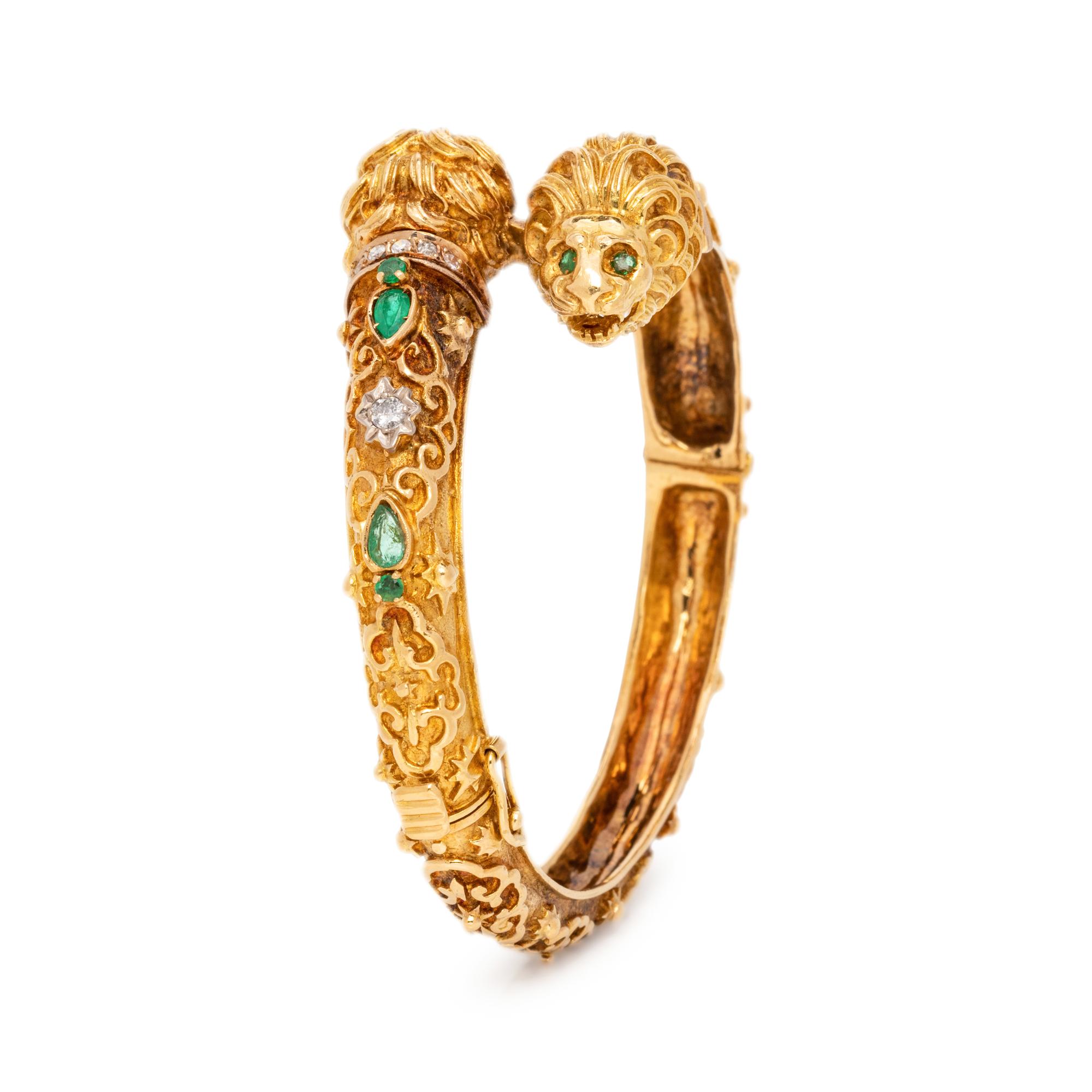YELLOW GOLD, EMERALD AND DIAMOND LION BANGLE BRACELET