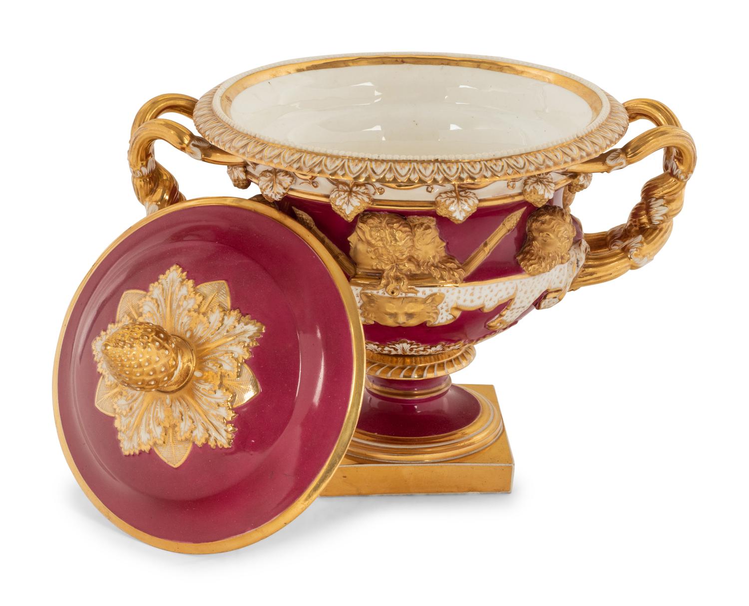 An English Porcelain Tureen and Cover Modeled After the Warwick Vase
