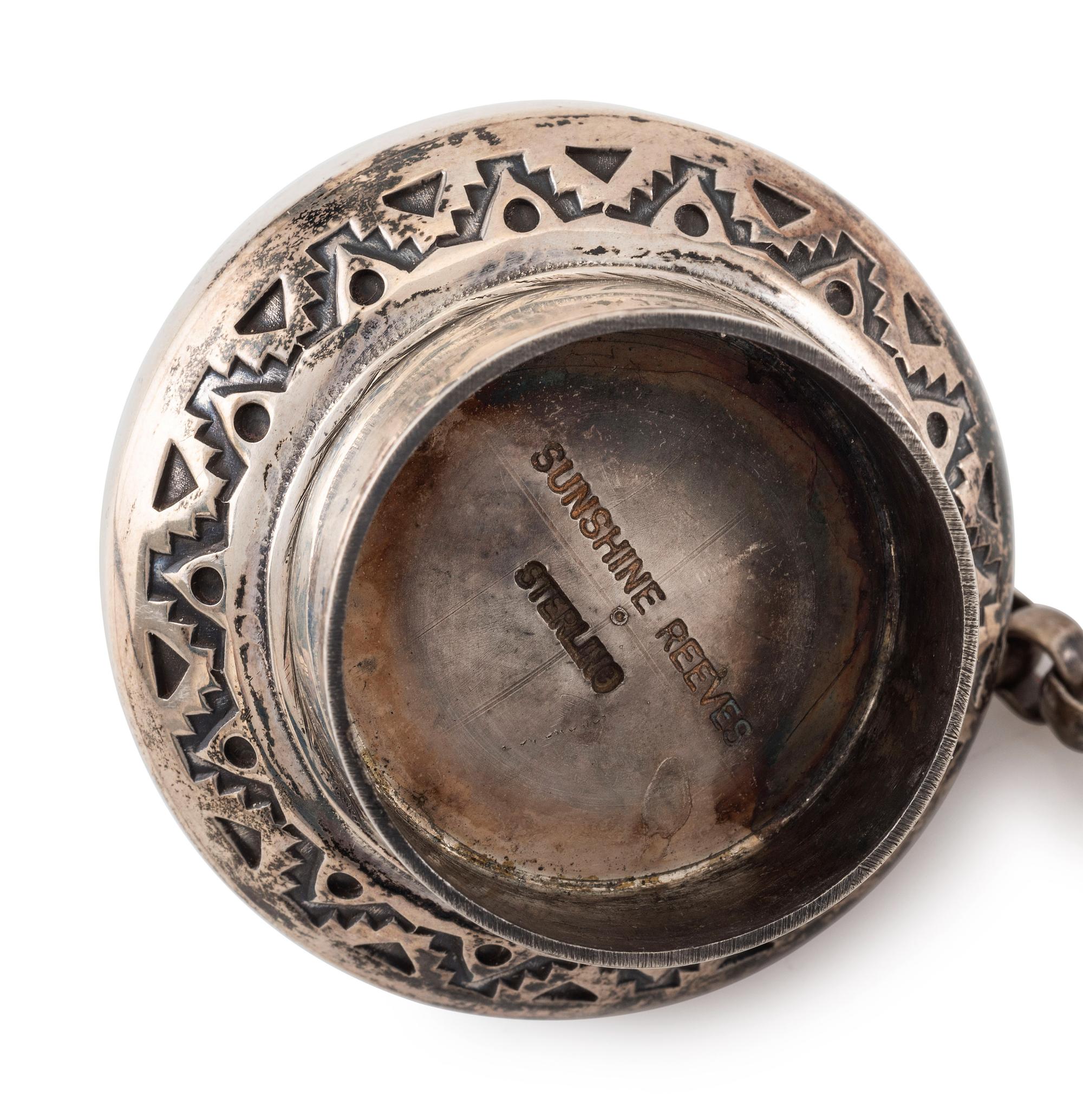 Heavily Stamped Sterling Silver Canteen, with a Morenci Turquoise Cabochon