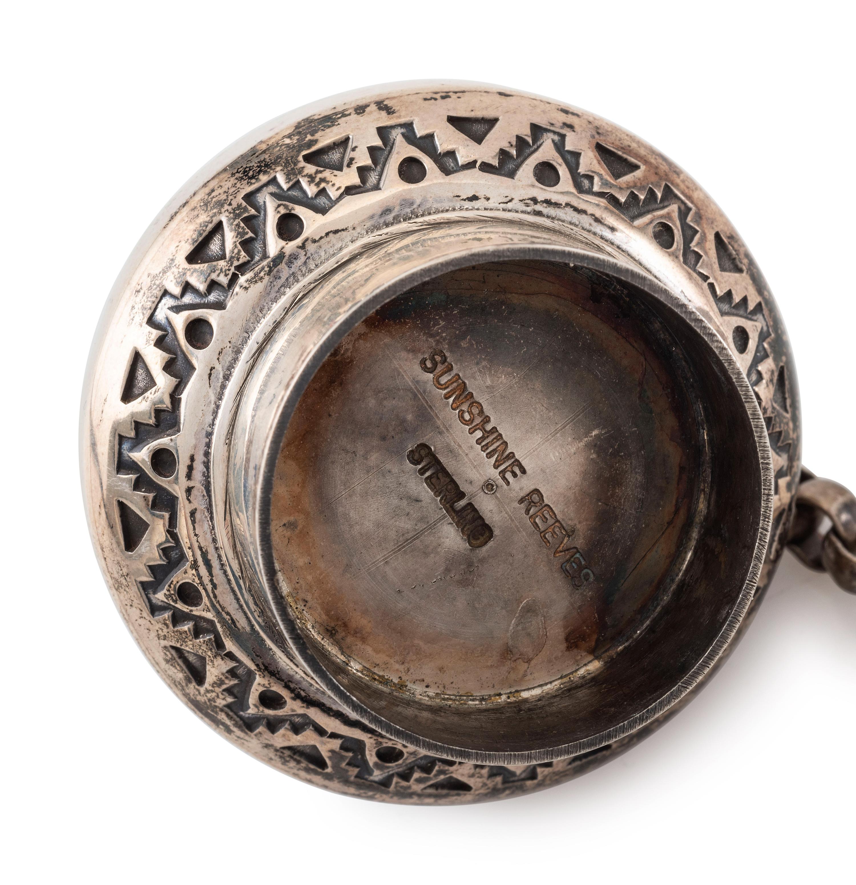 Heavily Stamped Sterling Silver Canteen, with a Morenci Turquoise Cabochon