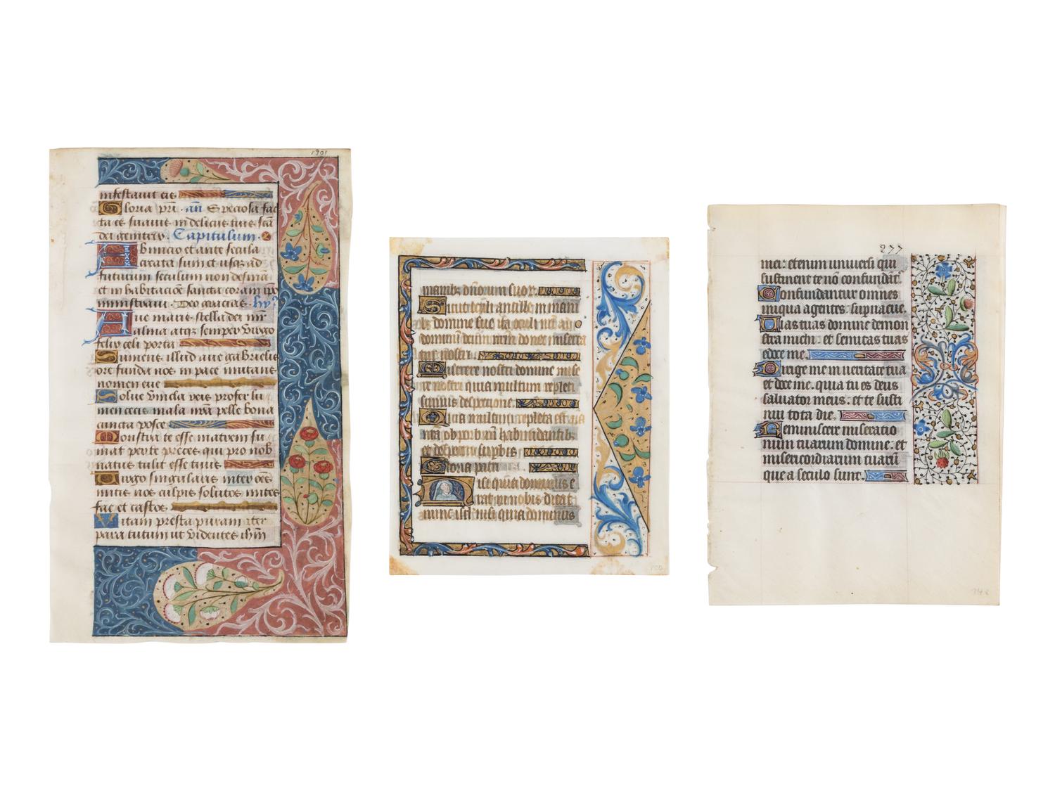 ANONYMOUS FRENCH ILLUMINATORS Bifolium and two illuminated leaves from three separate Books of Hours, one with historiated initial of a man in contemporary dress, in Latin, illuminated manuscript on parchment [France, c. 1450–1475]