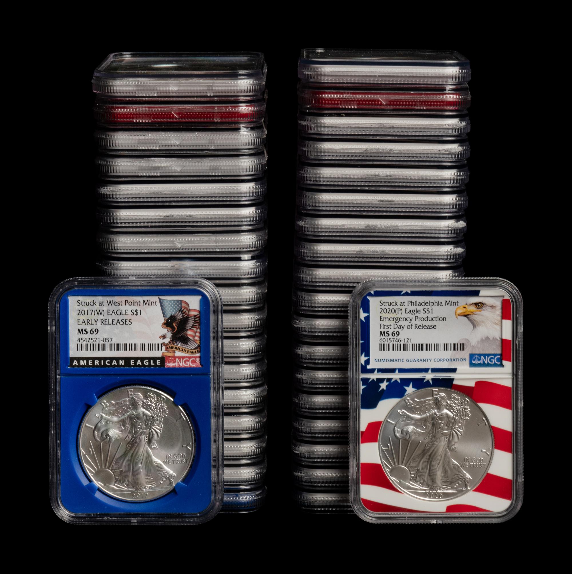 A Collection of Thirty-Seven NGC MS70 and MS69 Silver Eagle $1 Coins