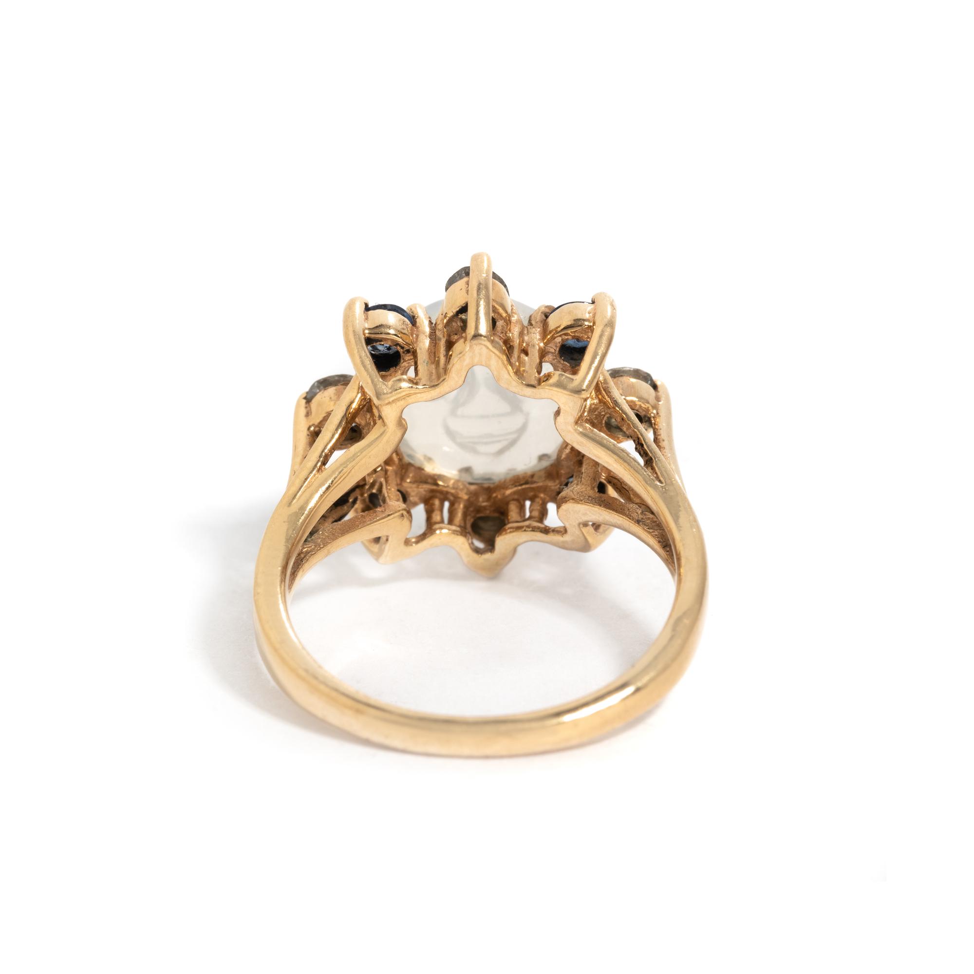 MOONSTONE, DIAMOND AND SAPPHIRE RING