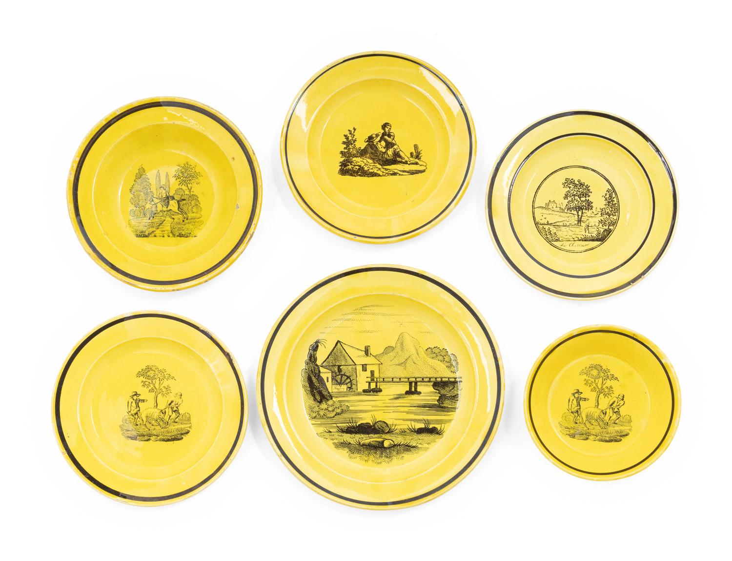 A Collection of French Yellow Ground Faience Transfer Wares