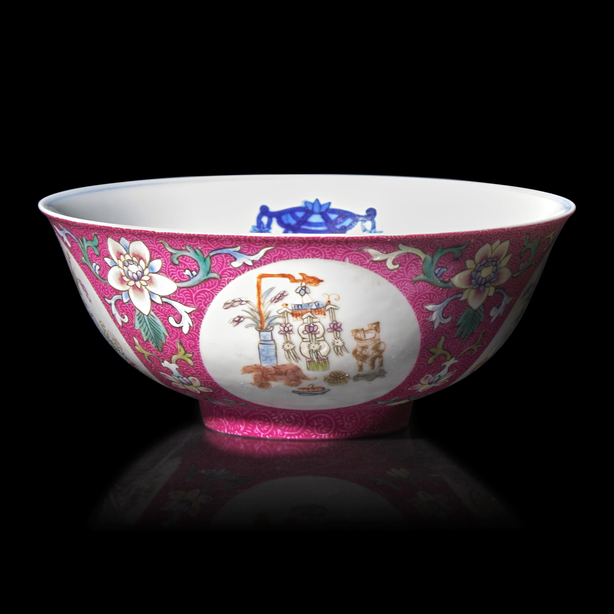 A Chinese Famille Rose Ruby-Ground Sgraffito 'Medallion' Bowl, Late 19th/Early 20th Century — 晚清/民國 內青花外粉彩軋道胭脂紅地開光五穀豐登博古紋碗