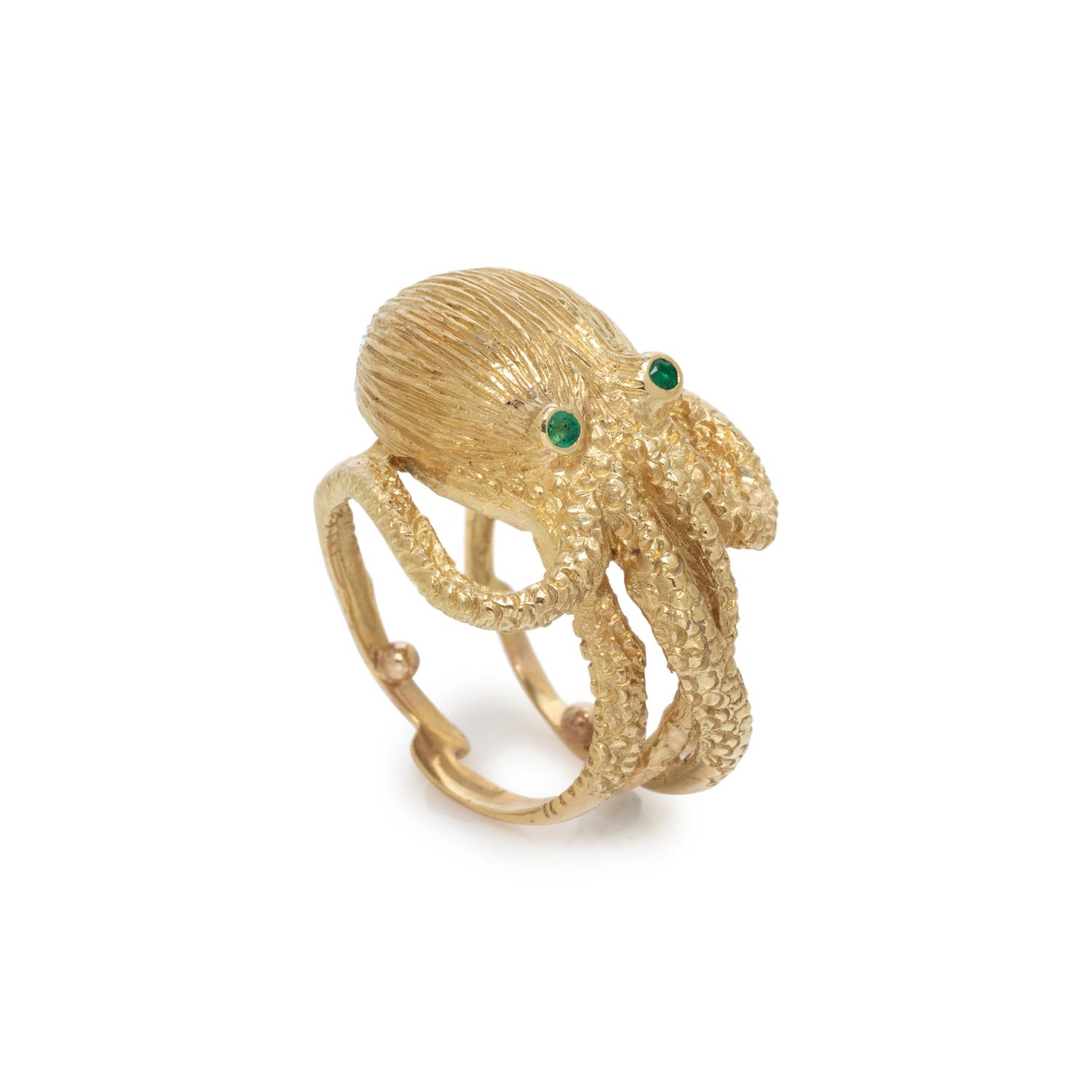 YELLOW GOLD AND EMERALD SQUID RING