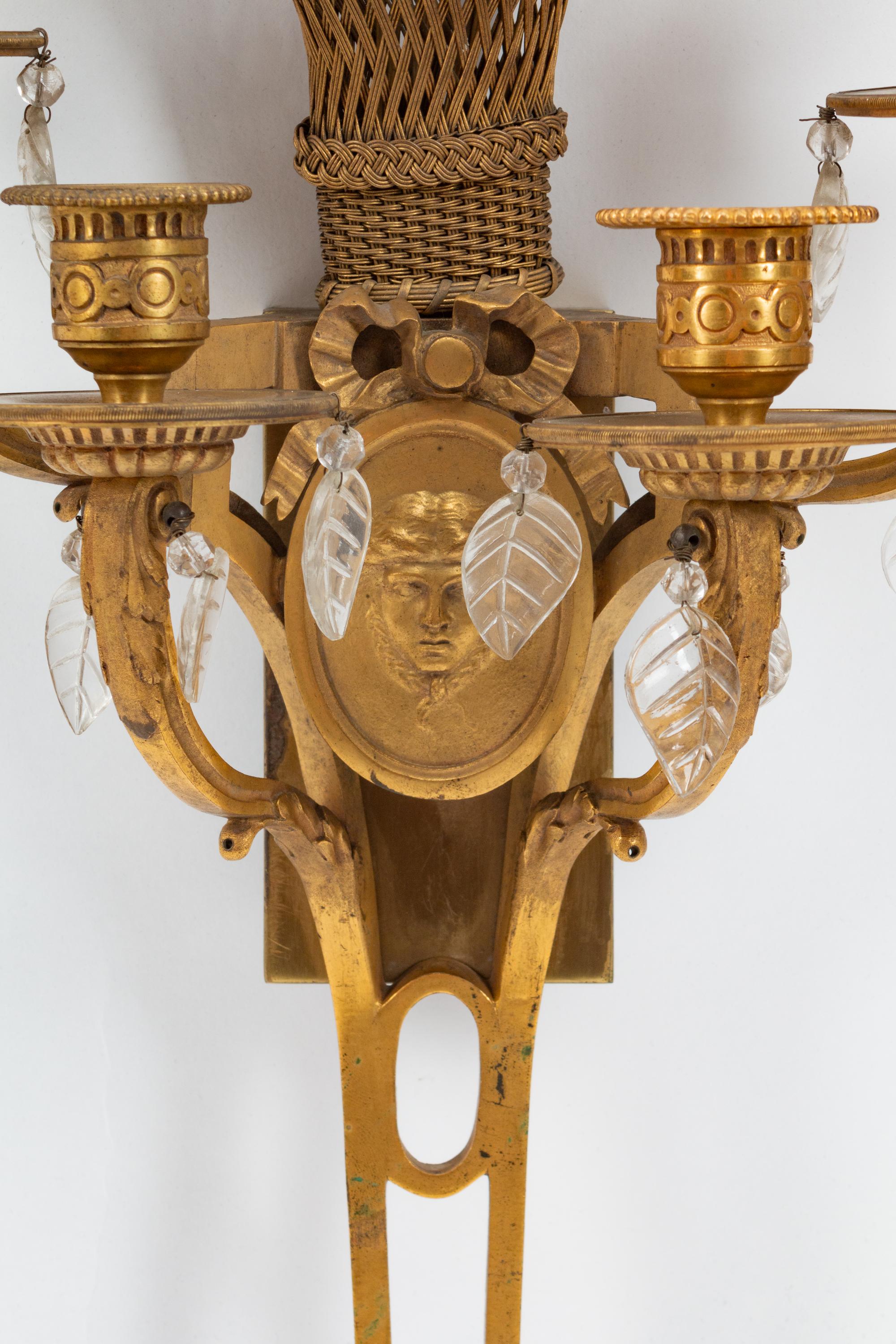 A Pair of Neoclassical Style Gilt-Bronze and Glass Four-Light Sconces