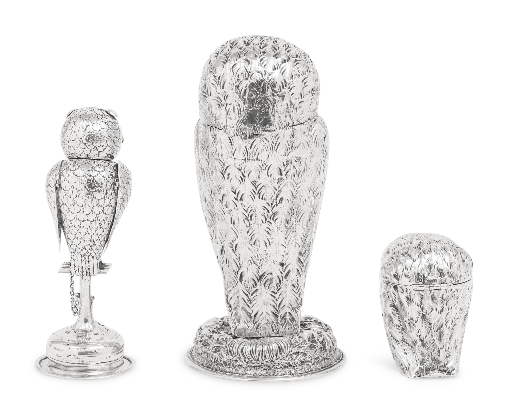Three Silver Owl-Form Covered Canisters