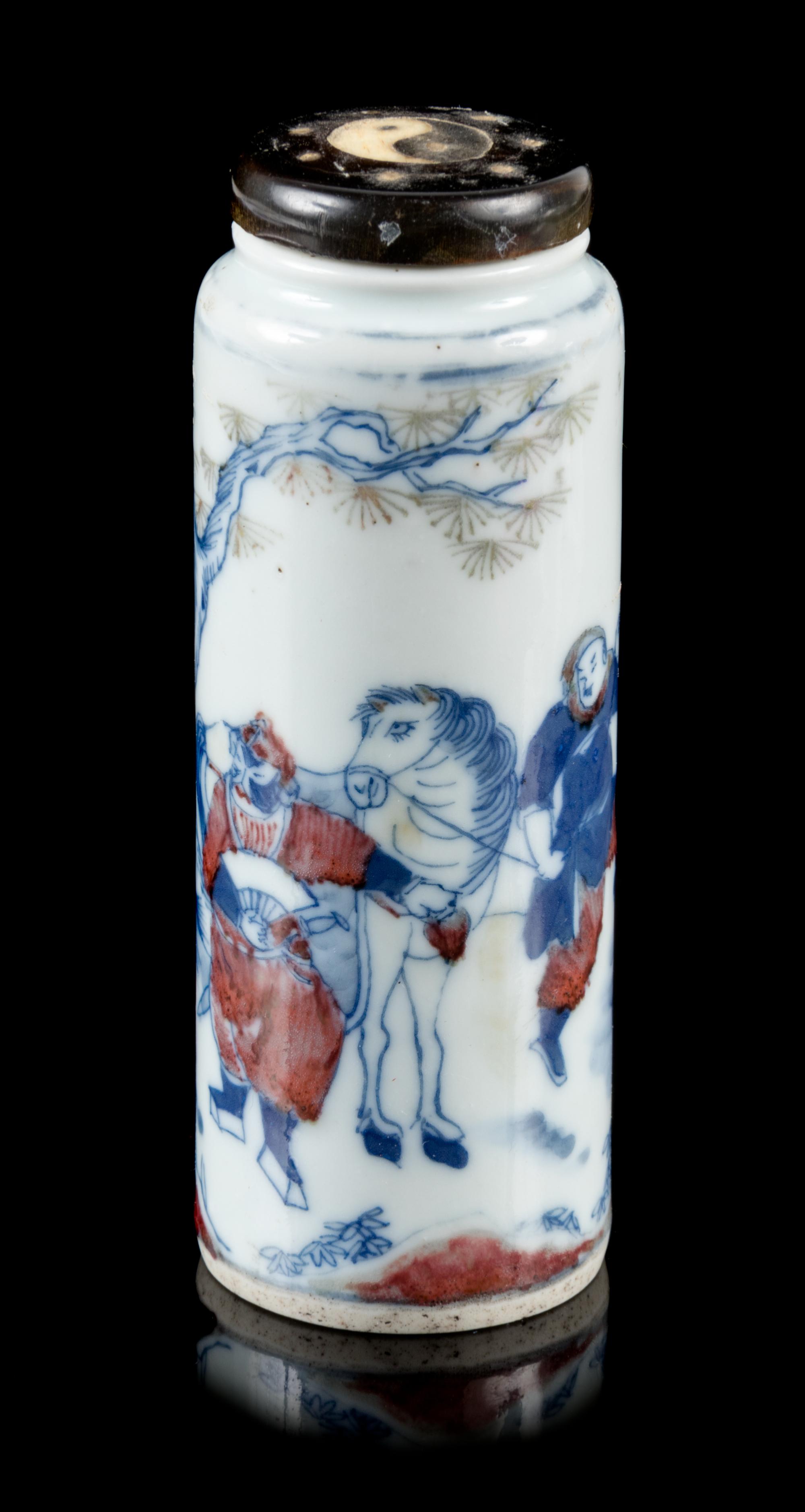 A Large Blue and White and Underglaze Red Porcelain Snuff Bottle Height 4 inches. — DAOGUANG PERIOD (1821-1850)