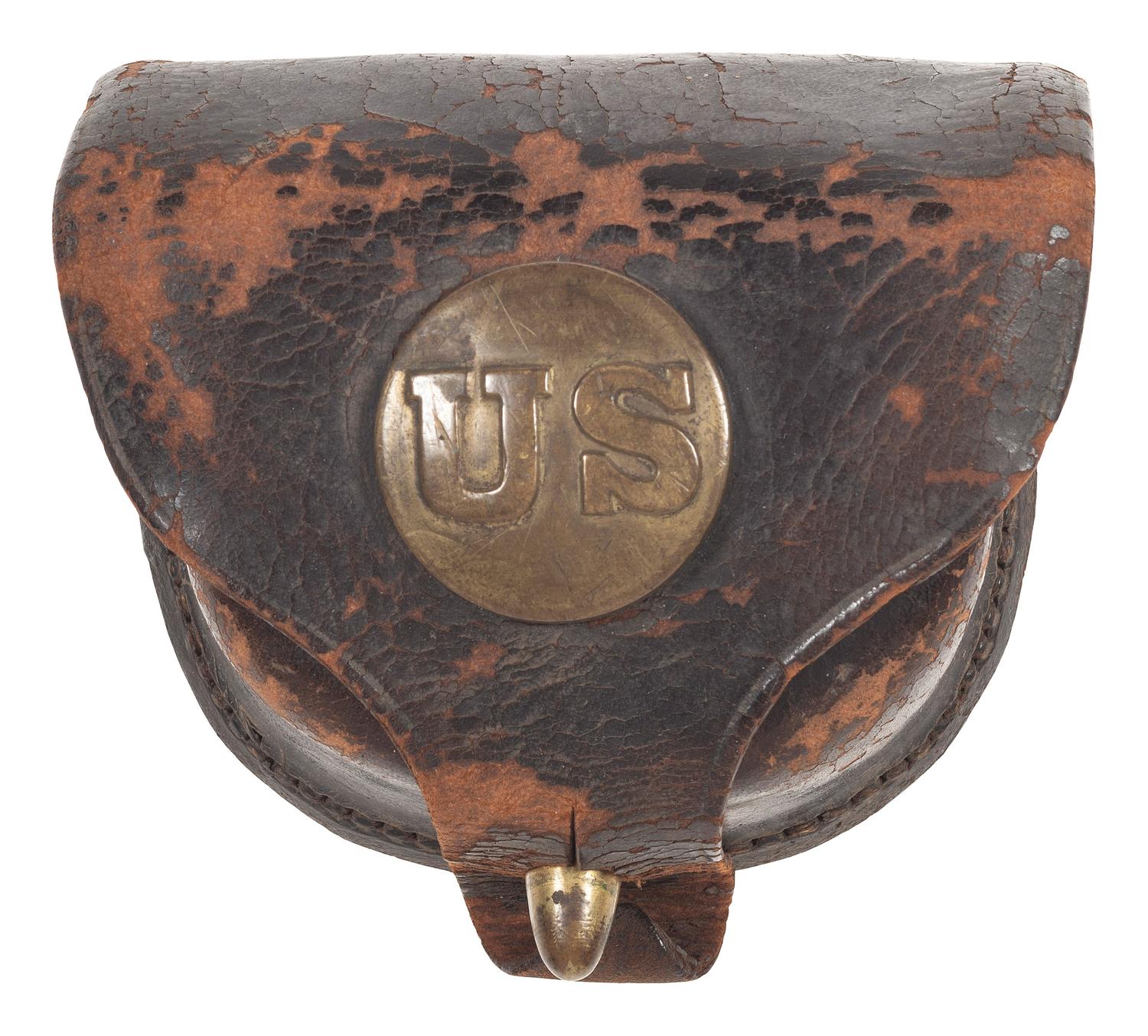 [CIVIL WAR]. Federal percussion cap pouch with "US" plaque, identified to Robert B. Robinson, Co. K, 5th Vermont Infantry Regiment.