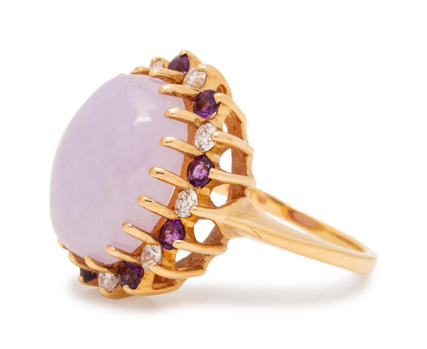 A 14 Karat Yellow Gold, Lavender Jade, Diamond and Amethyst Ring,