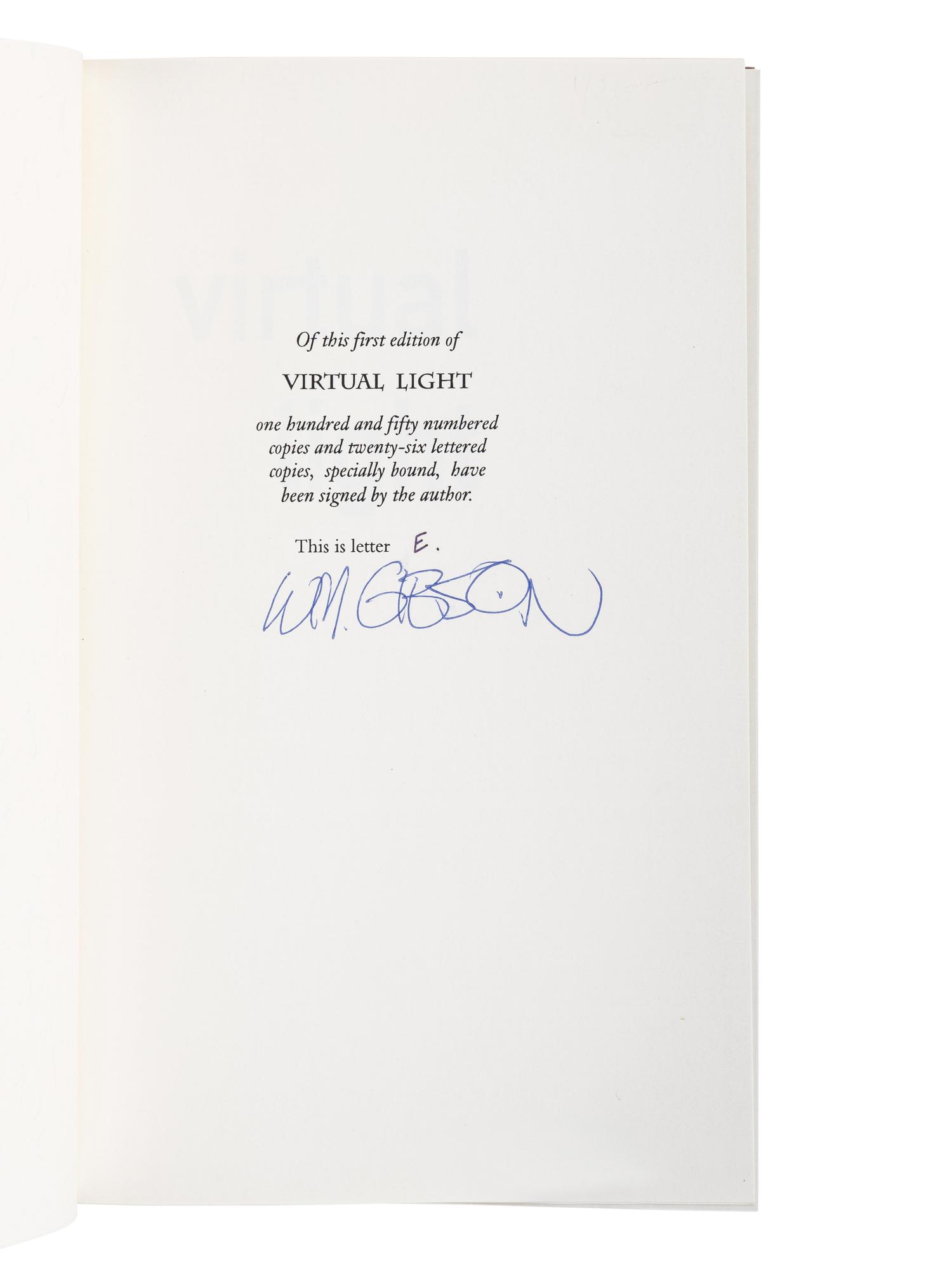 GIBSON, William (b. 1948). Virtual Light . New York, London, et al: 1993.