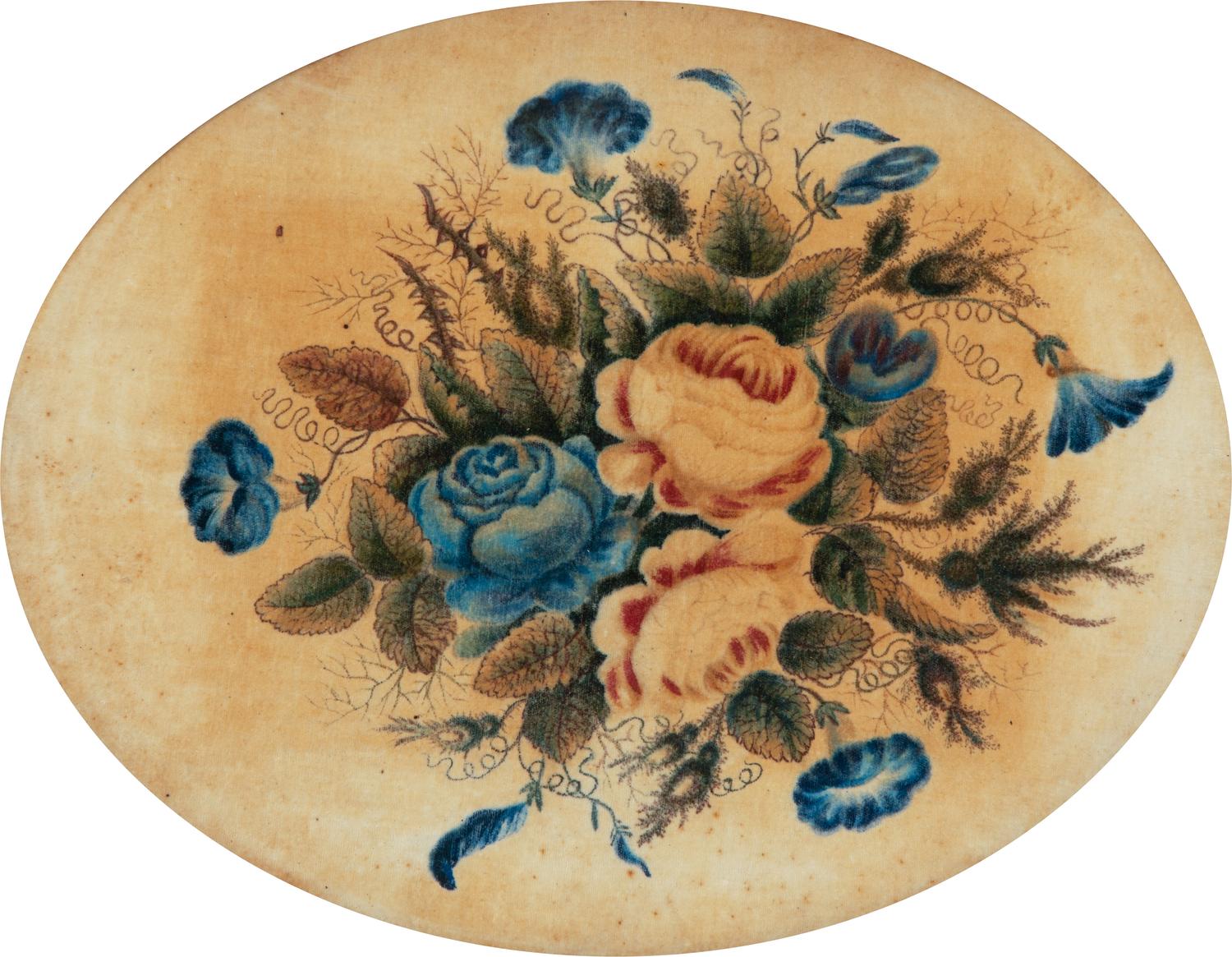 A Pair of Victorian Painted Velvet Floral Still Lifes