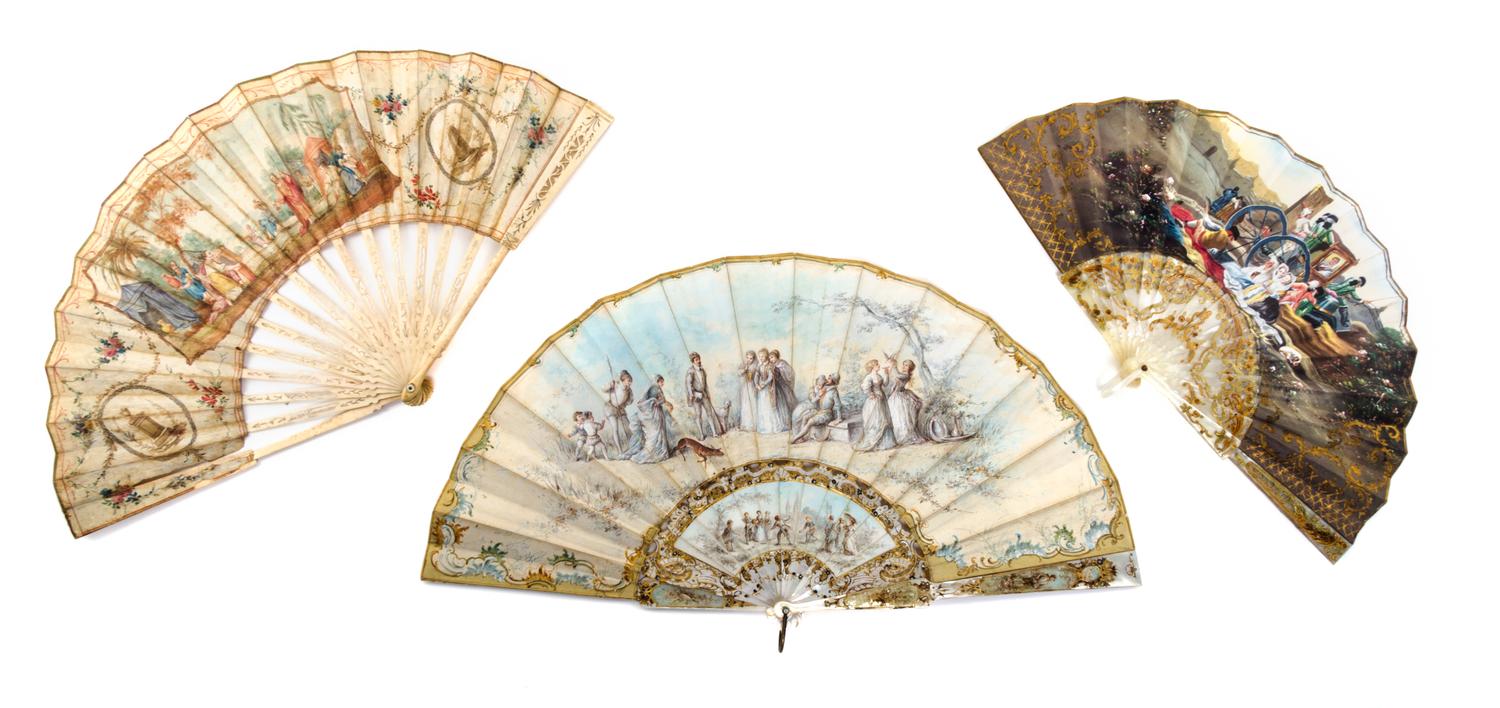 A Group of French Bone, Mother-of-Pearl, Paper and Lace Fans Width of first 20 1/4 inches. — 18TH/19TH CENTURY