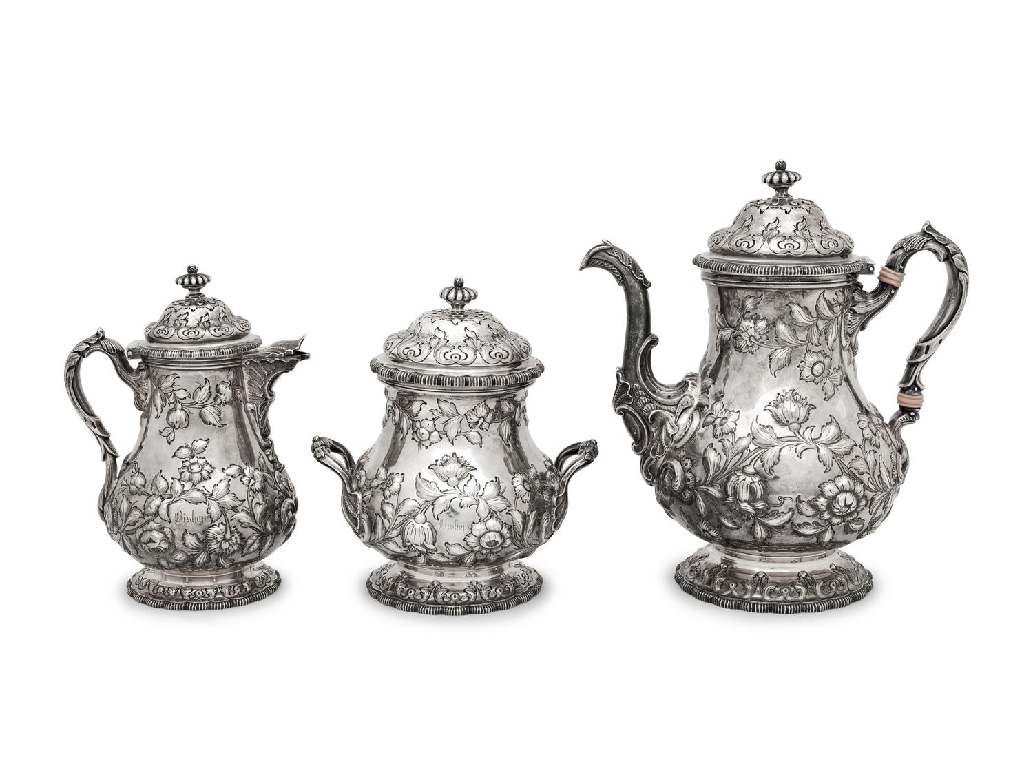 A Grosjean and Woodward for Tiffany and Co. Coin Silver Three-Piece Coffee Service