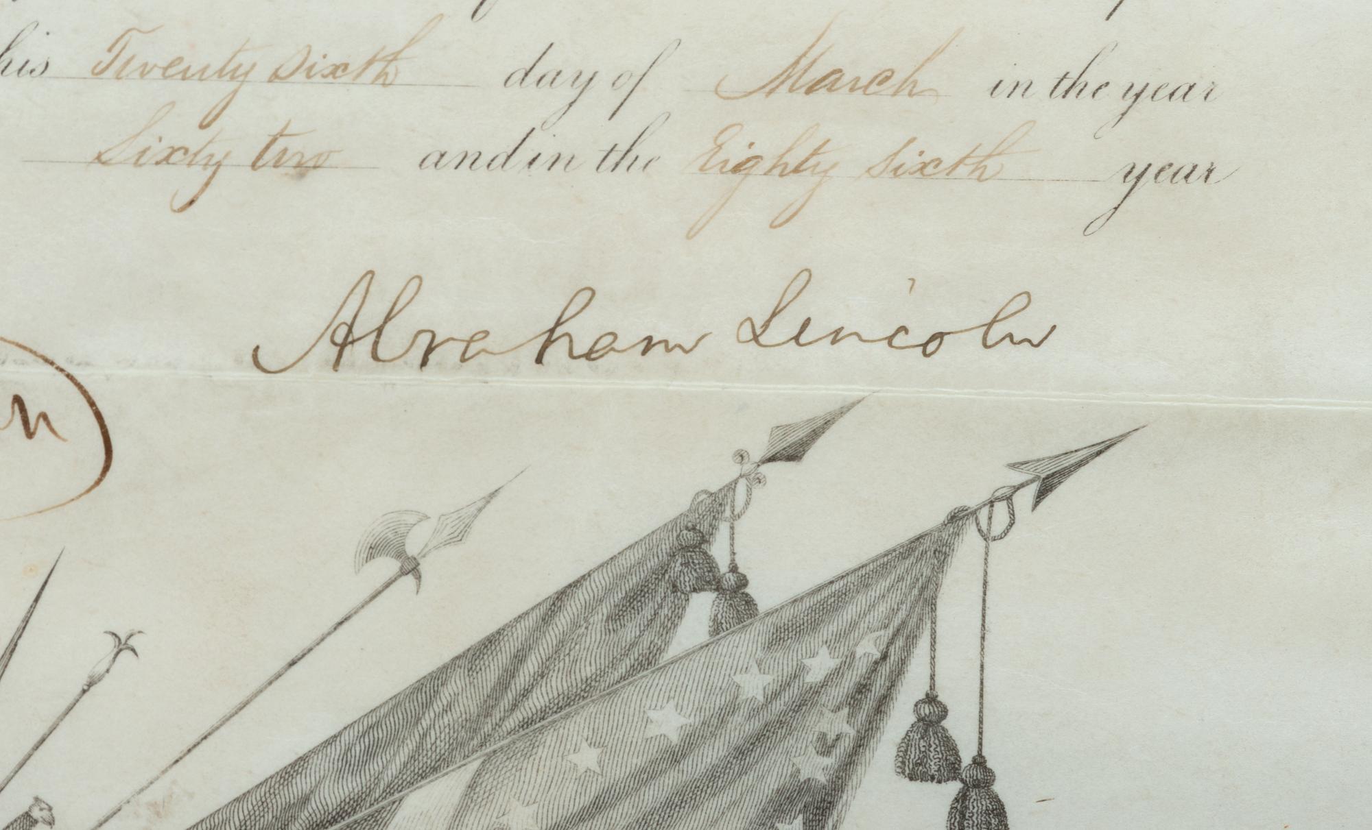 LINCOLN, Abraham (809-1865). Partly-printed appointment signed ("Abraham Lincoln") as President of the United States. Washington, D.C., 26 March 1862.