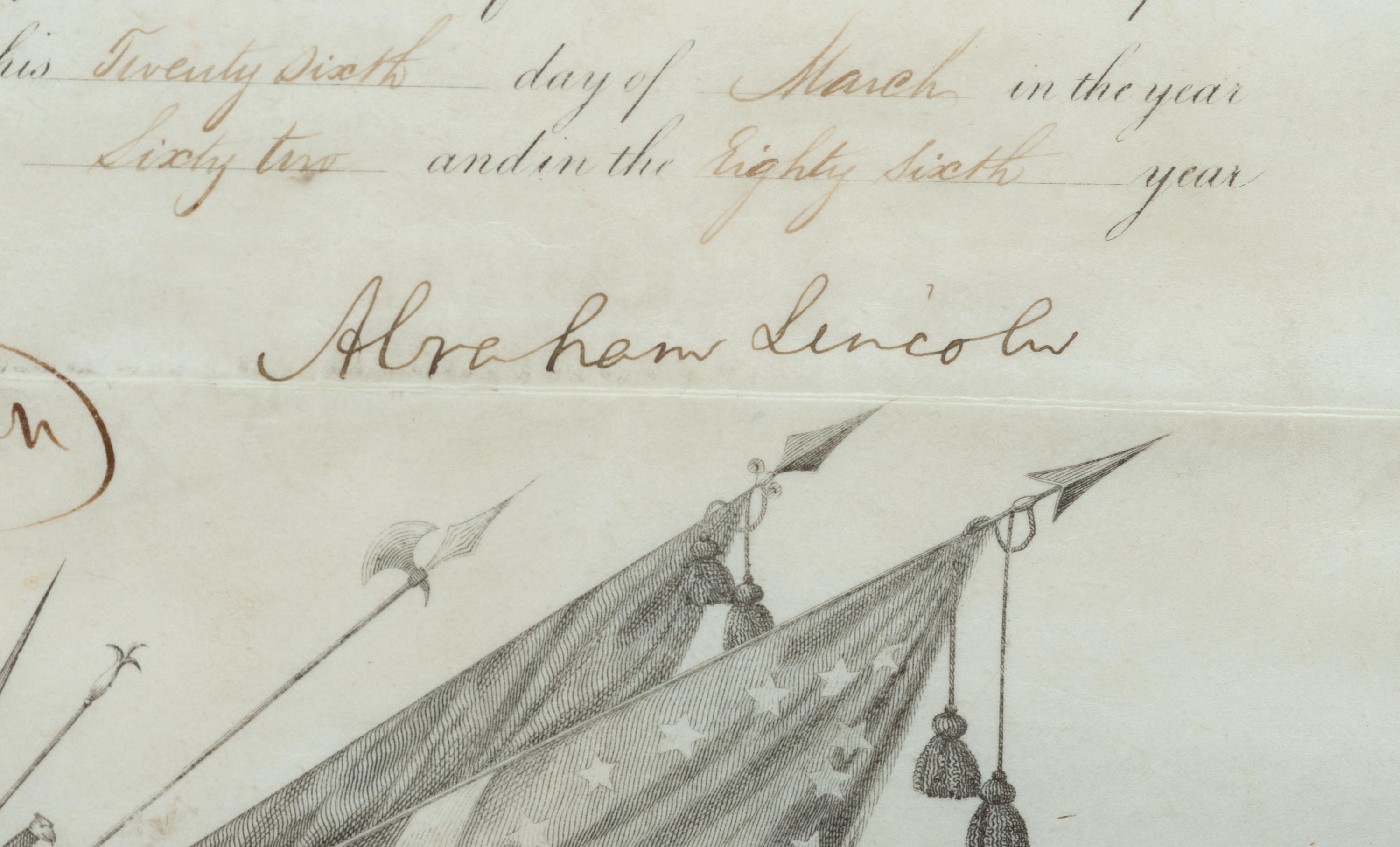 LINCOLN, Abraham (809-1865). Partly-printed appointment signed ("Abraham Lincoln") as President of the United States. Washington, D.C., 26 March 1862.