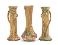 Three Weller Pottery Vases Height of first 8 1/2 inches, pair 8 1/4 inches.