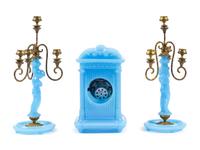 A Continental Blue Opaline Glass Three-Piece Clock Garniture