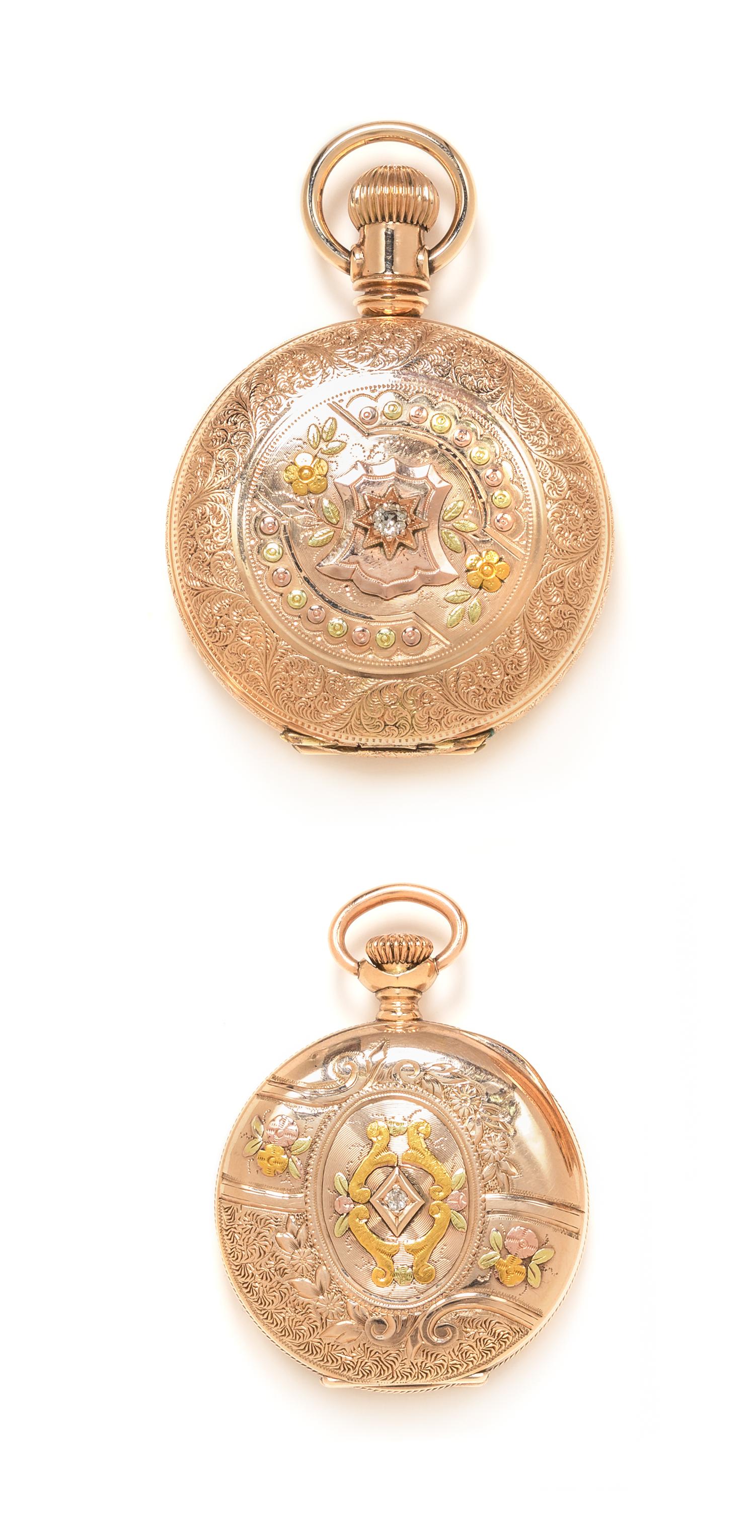 A Collection of Tricolor Gold Filled, Diamond and Ruby Hunter Case Pocket Watches, Elgin, Circa 1890 and 1899, 64.40 dwts.