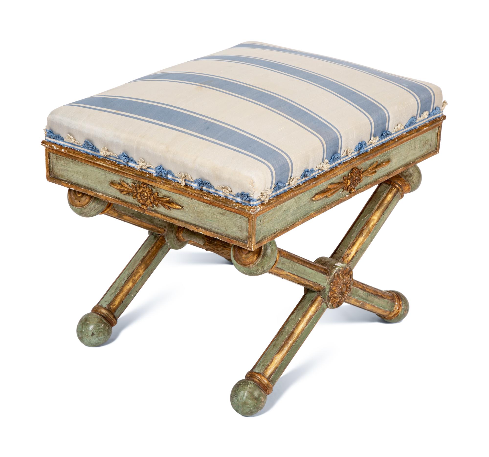 A North Italian Neoclassical Painted and Parcel-Gilt Stool