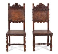 A Set of Six Spanish Colonial Style Carved Mahogany and Leather Side Chairs Height 43 1/2 inches. — ADDISON MIZNER, EARLY 20TH CENTURY