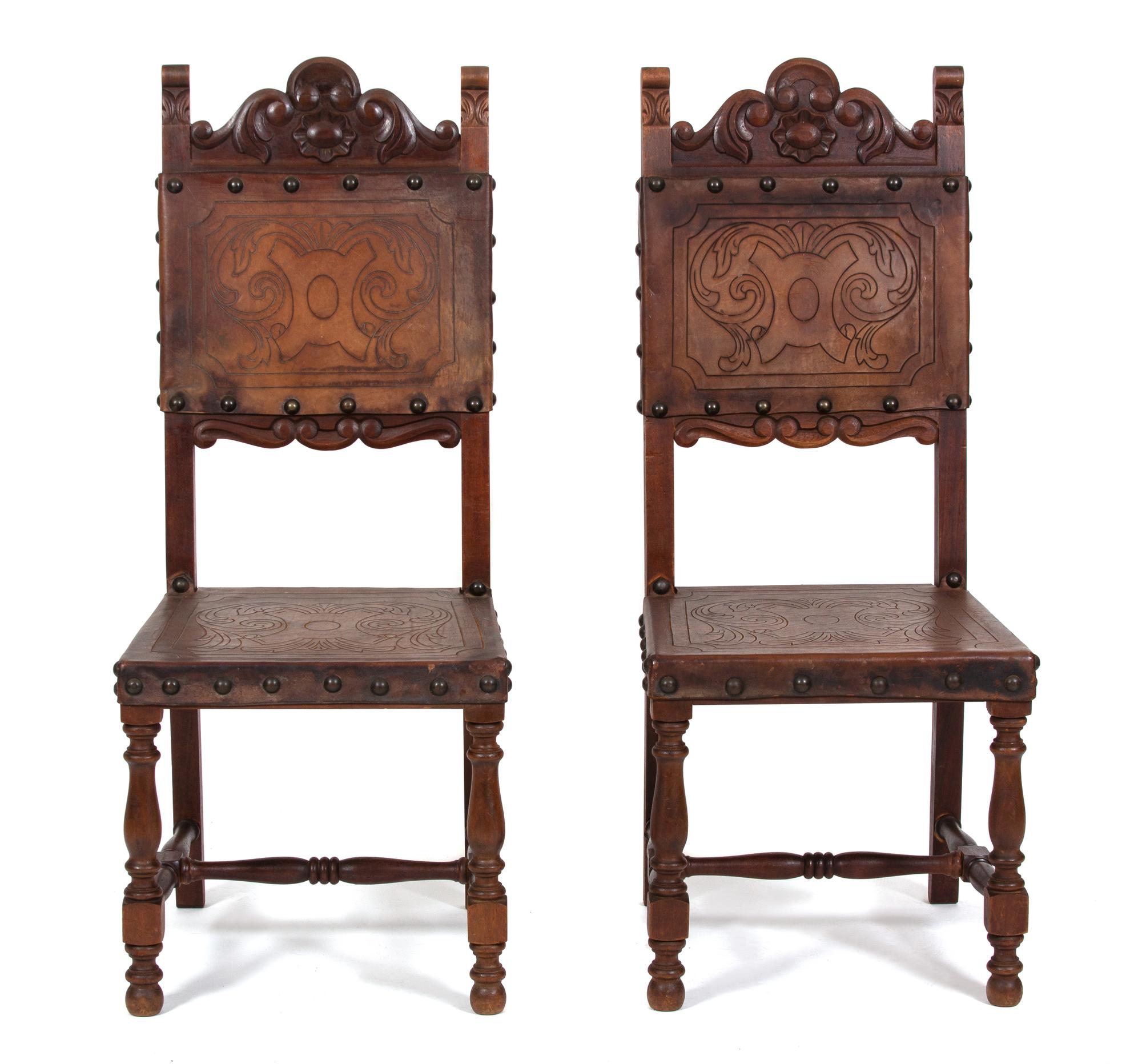A Set of Six Spanish Colonial Style Carved Mahogany and Leather Side Chairs Height 43 1/2 inches. — ADDISON MIZNER, EARLY 20TH CENTURY