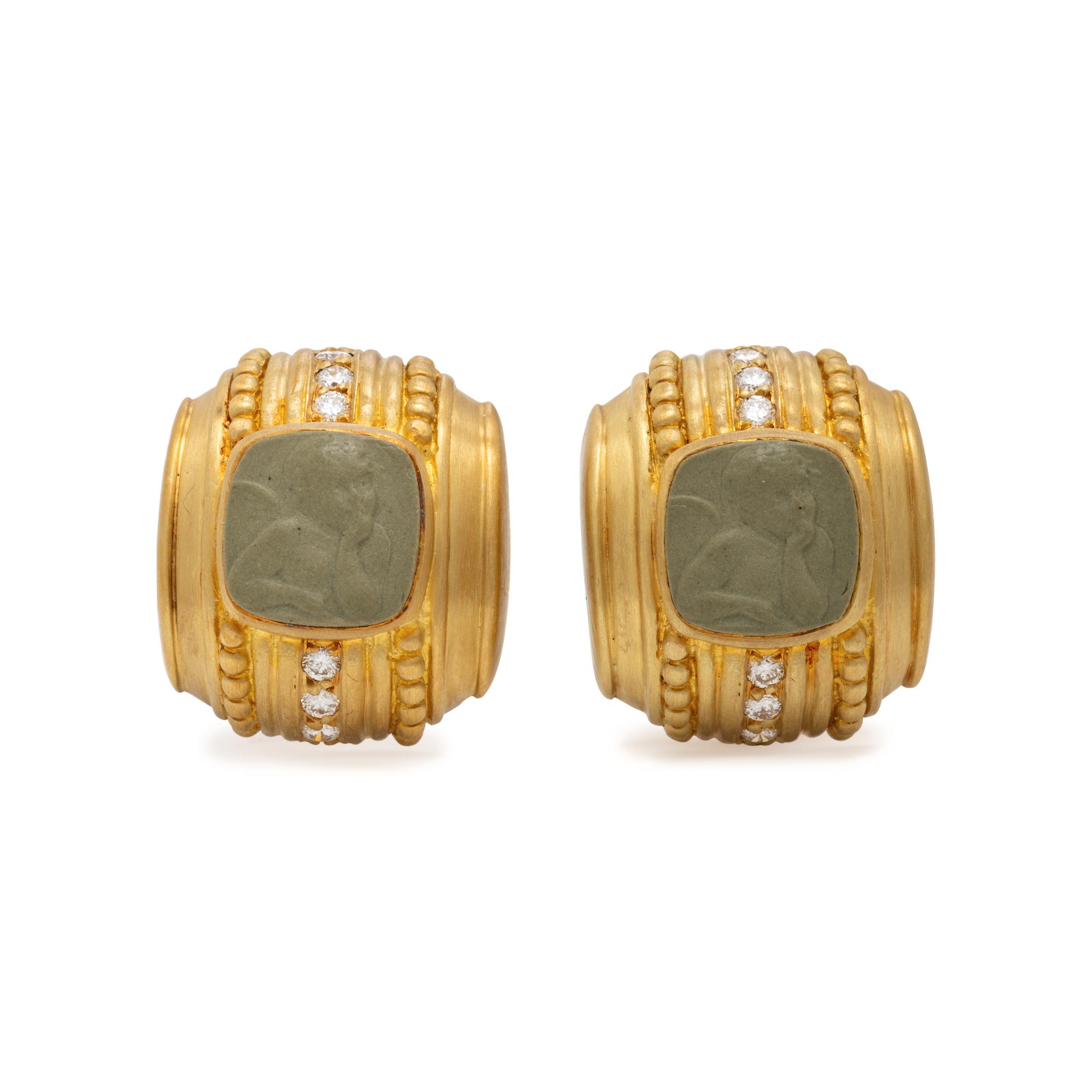 Judith Ripka, Lava Cameo, Diamond, and Yellow Gold Earrings