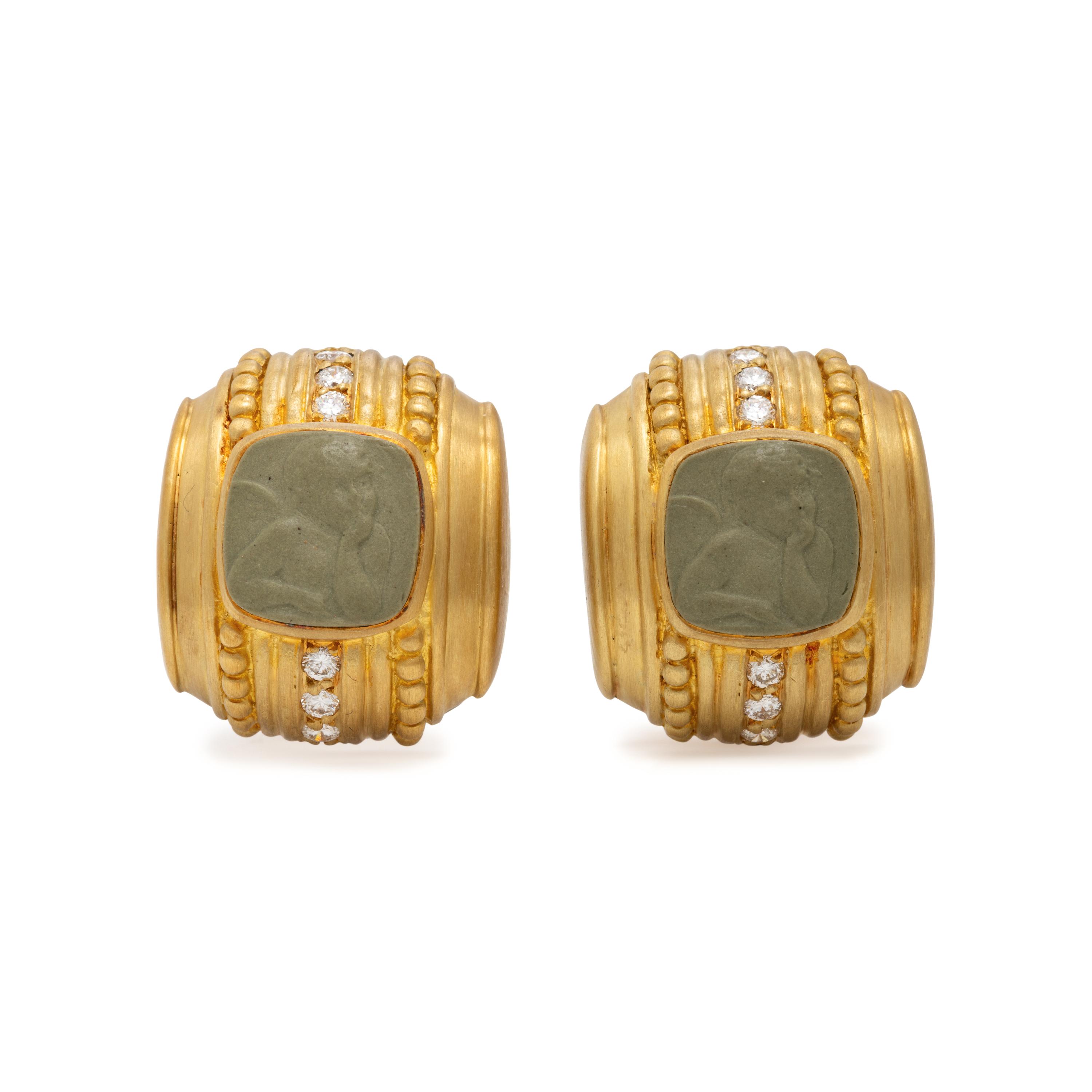 Judith Ripka, Lava Cameo, Diamond, and Yellow Gold Earrings