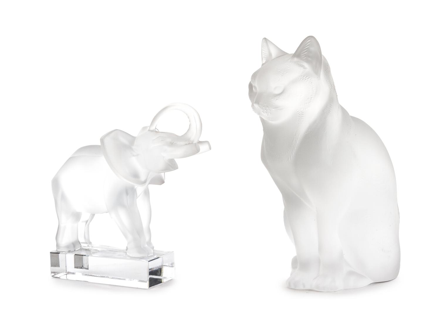 Two Lalique Frosted and Molded Glass Figures Height of cat 8 1/2 inches.