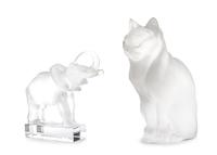 Two Lalique Frosted and Molded Glass Figures Height of cat 8 1/2 inches.