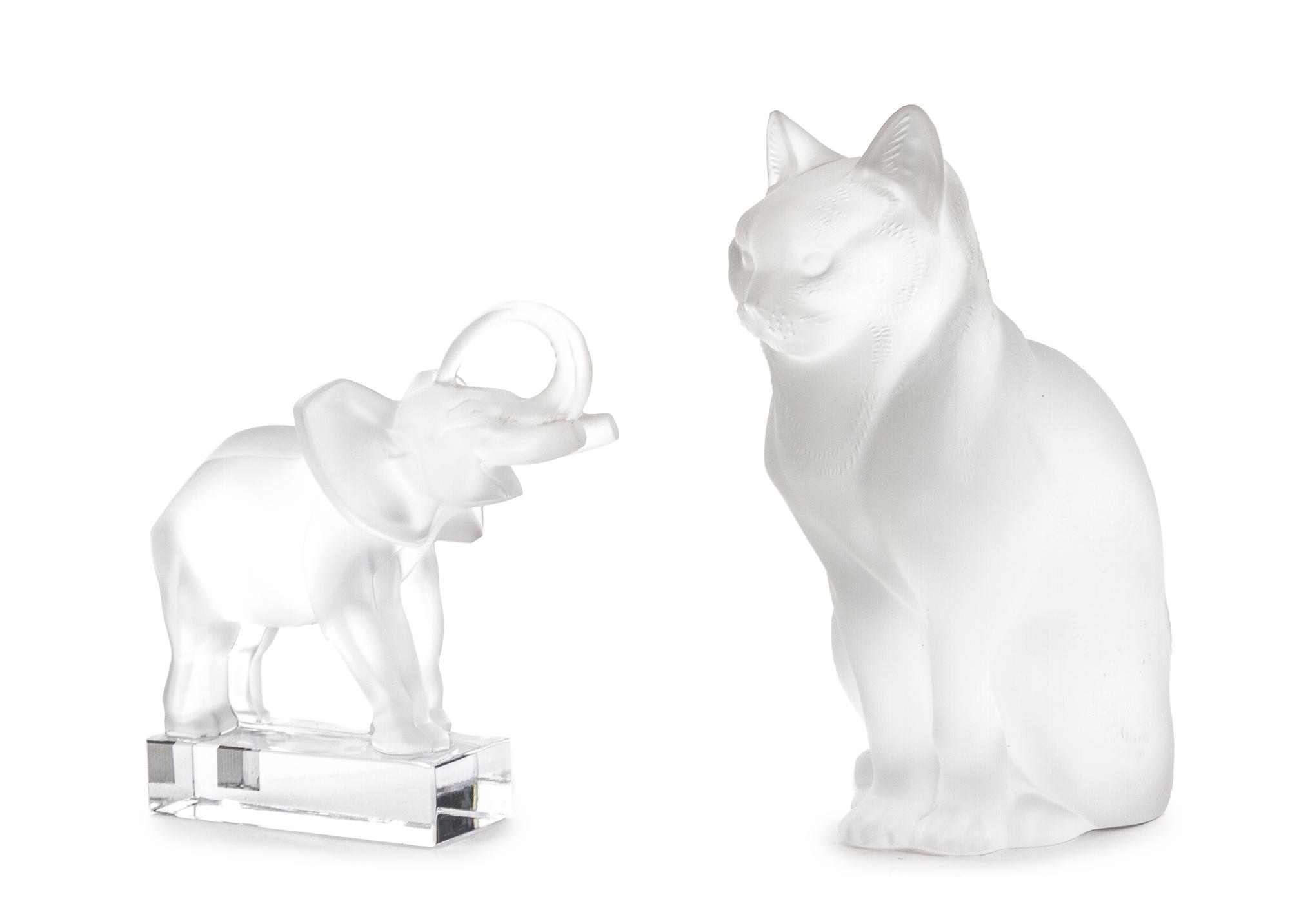 Two Lalique Frosted and Molded Glass Figures Height of cat 8 1/2 inches.