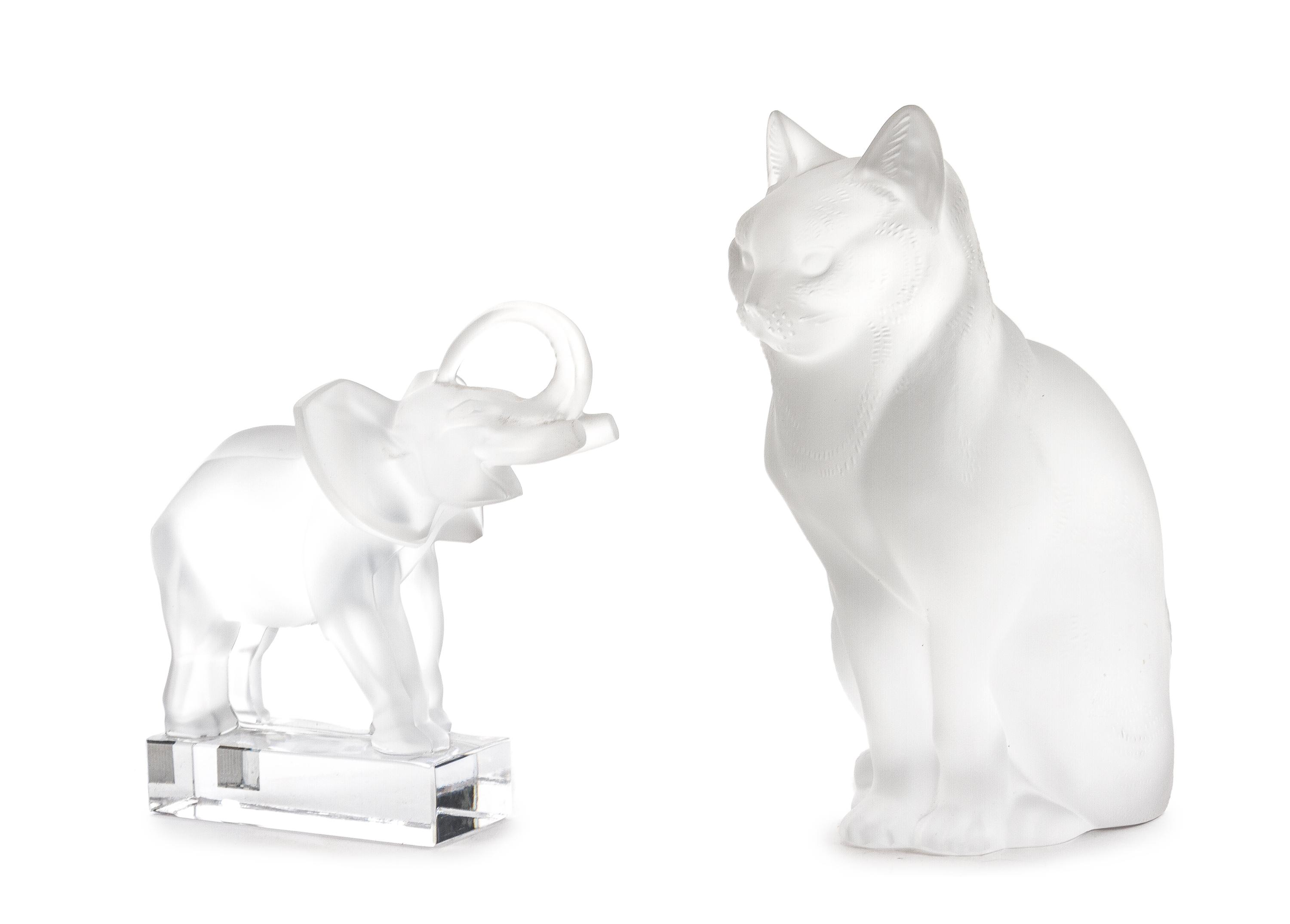 Two Lalique Frosted and Molded Glass Figures Height of cat 8 1/2 inches.