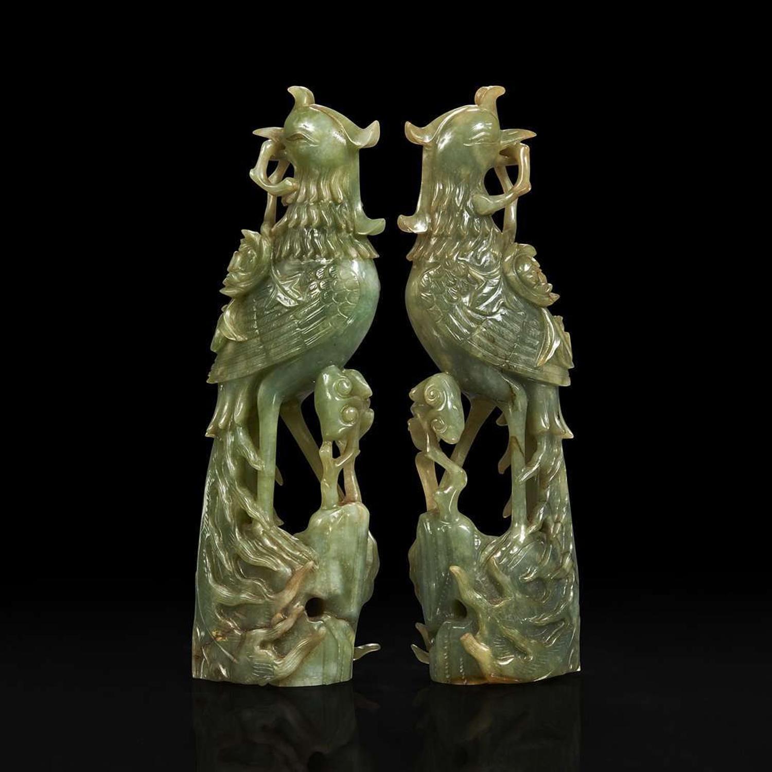 A pair of Chinese carved jadeite phoenix 翡翠雕凤凰一对