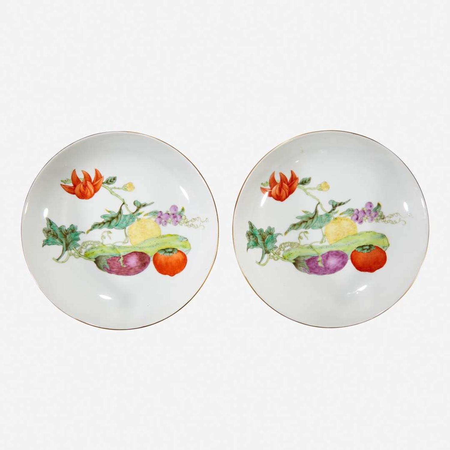 A pair of Chinese porcelain "Vegetable" dishes Qianlong six-character seal marks but later