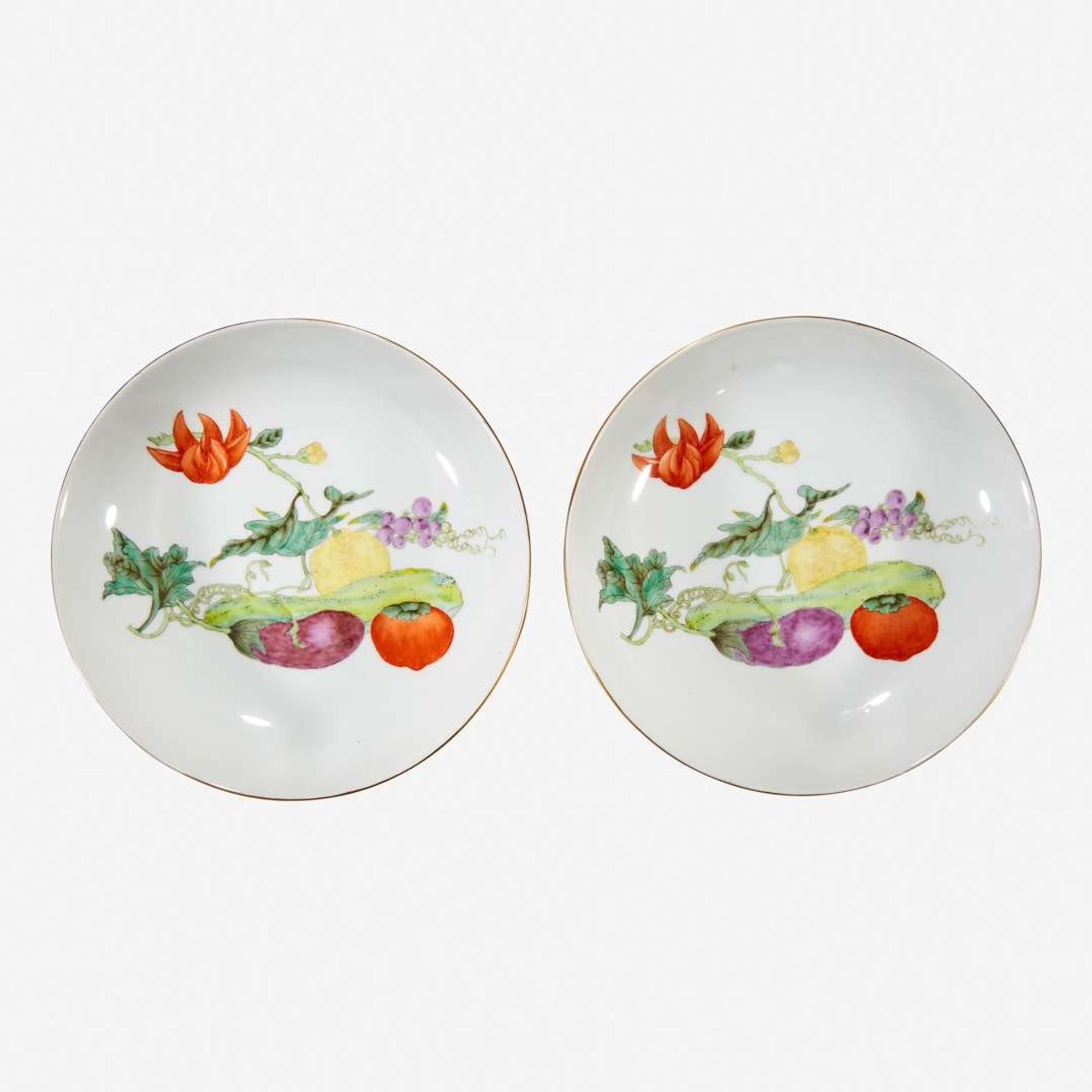 A pair of Chinese porcelain "Vegetable" dishes Qianlong six-character seal marks but later