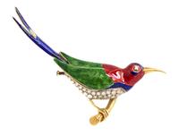 An 18 Karat Yellow Gold, Platinum, Polychrome Enamel and Diamond Bird Brooch, Boucheron, 12.10 dwts.
